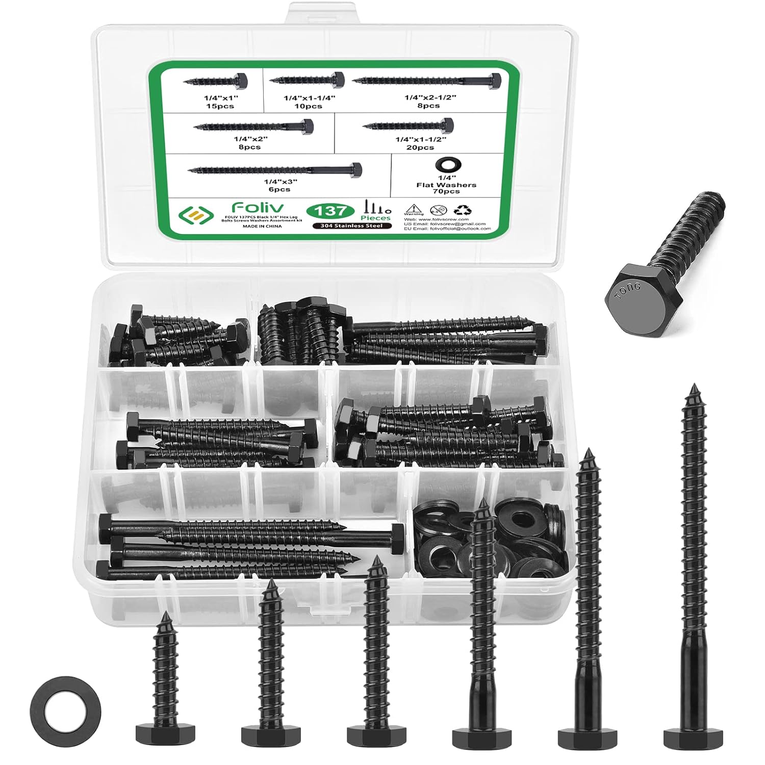 FOLIV 1/4” Hex Lag Bolts,137PCS 304 Stainless Steel 18-8, Black Oxide, Heavy Duty Hex Lag Bolts for Wood Lag Screws Washer Assortment Kit, Length from 1" to 3": Industrial & Scientific