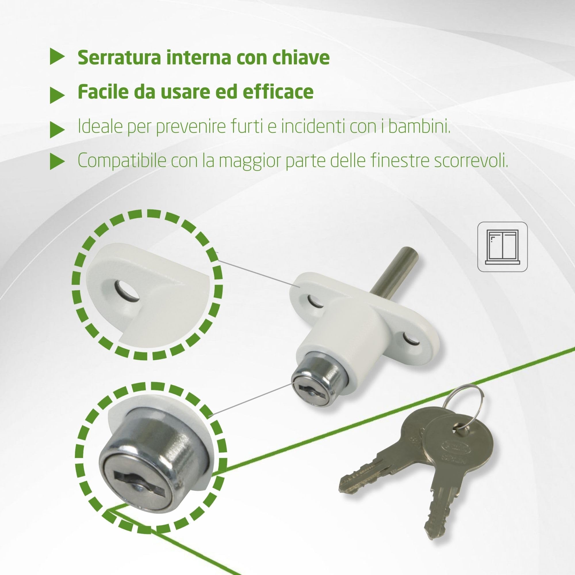 Amig - Serratura di sicurezza per finestre scorrevoli Mod.45; Chiusura a sovrapporre con 2 chiavi e Tirafondi per l'installazione, In acciaio Finitura bianco, Dimensioni: 53 x 23 mm