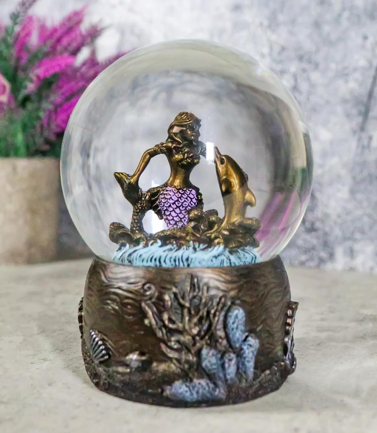 Ebros Gift Marine Ocean Atlantis Goddess Mermaid Playing with Dolphin Water Globe Figurine with Glitters 5.2" H Snow Globe