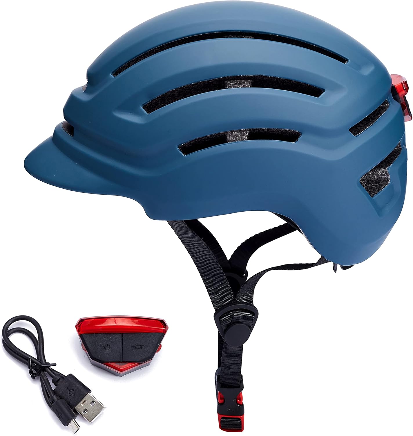 Adult Bike Helmet for Men Women, Mountain Road Bicycle Helmet with USB Rechargeable Taillight, Matte Blue