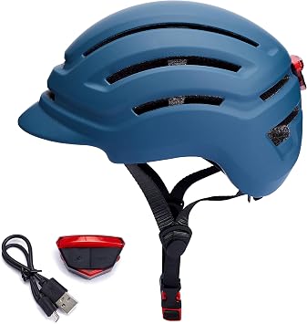 Adult Bike Helmet for Men Women, Mountain Road Bicycle Helmet with USB Rechargeable Taillight, Matte Blue