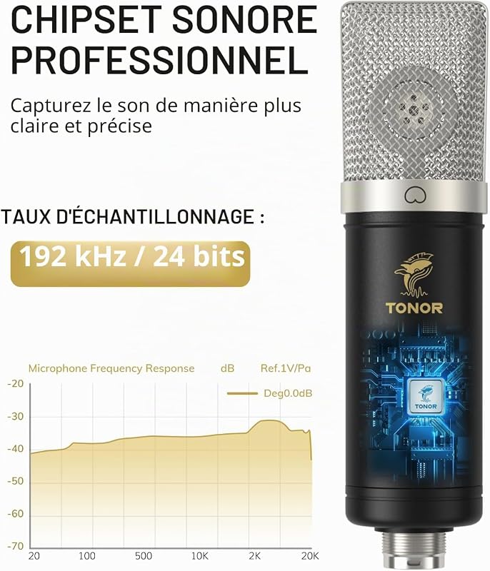 Microfon condensator cardioid USB TONOR TC-2030, înregistrare 192 kHz/24 biți, cu braț articulat anti-șoc, pentru podcast, YouTube și sonorizare