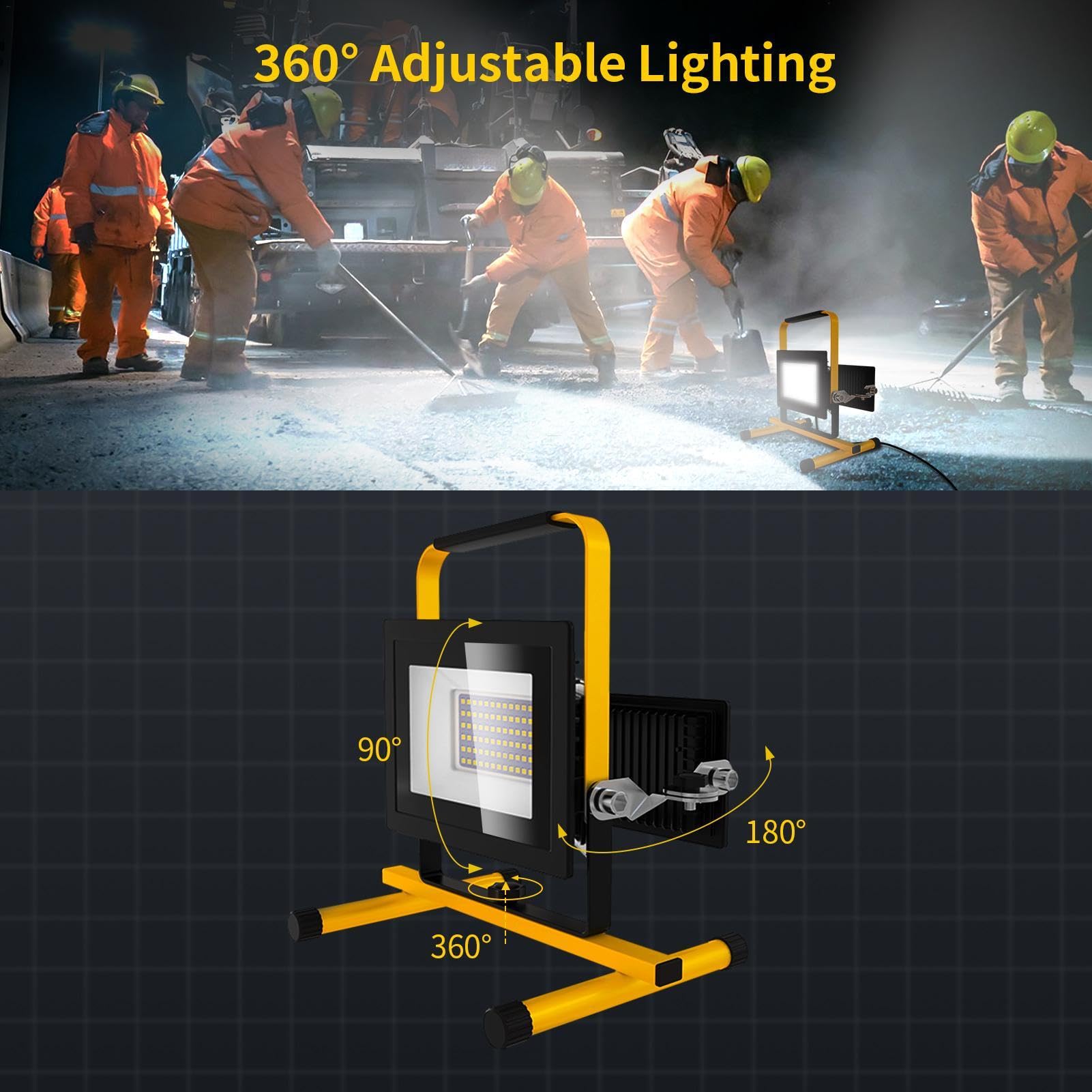 Faretto LED da Cantiere 100W,10000LM Faro LED Esterno con Spina,6500K Bianco Rotazione Faro LED Portatile,IP65 Impermeabile Faretti LED Esterno, Fari LED da Esterno per Garage Costruzione