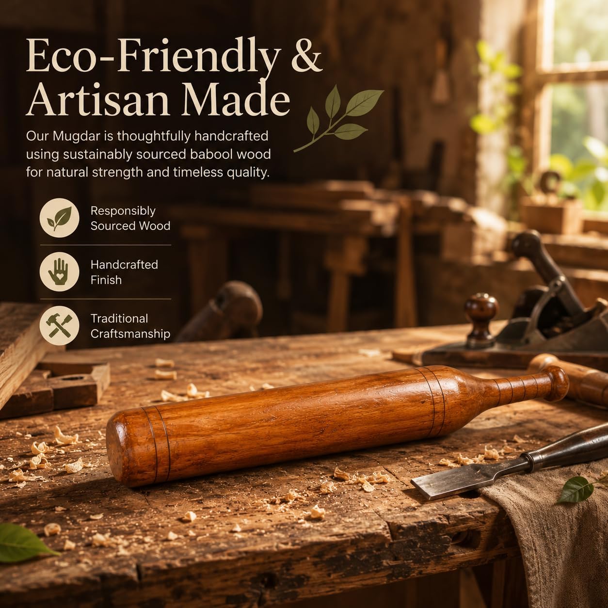 KNK Wooden Mugdar – Handcrafted Premium Babool Wood Indian Club | Traditional Strength Training Equipment for Shoulders, Arms & Core | Export-Quality, Eco-Friendly & Durable