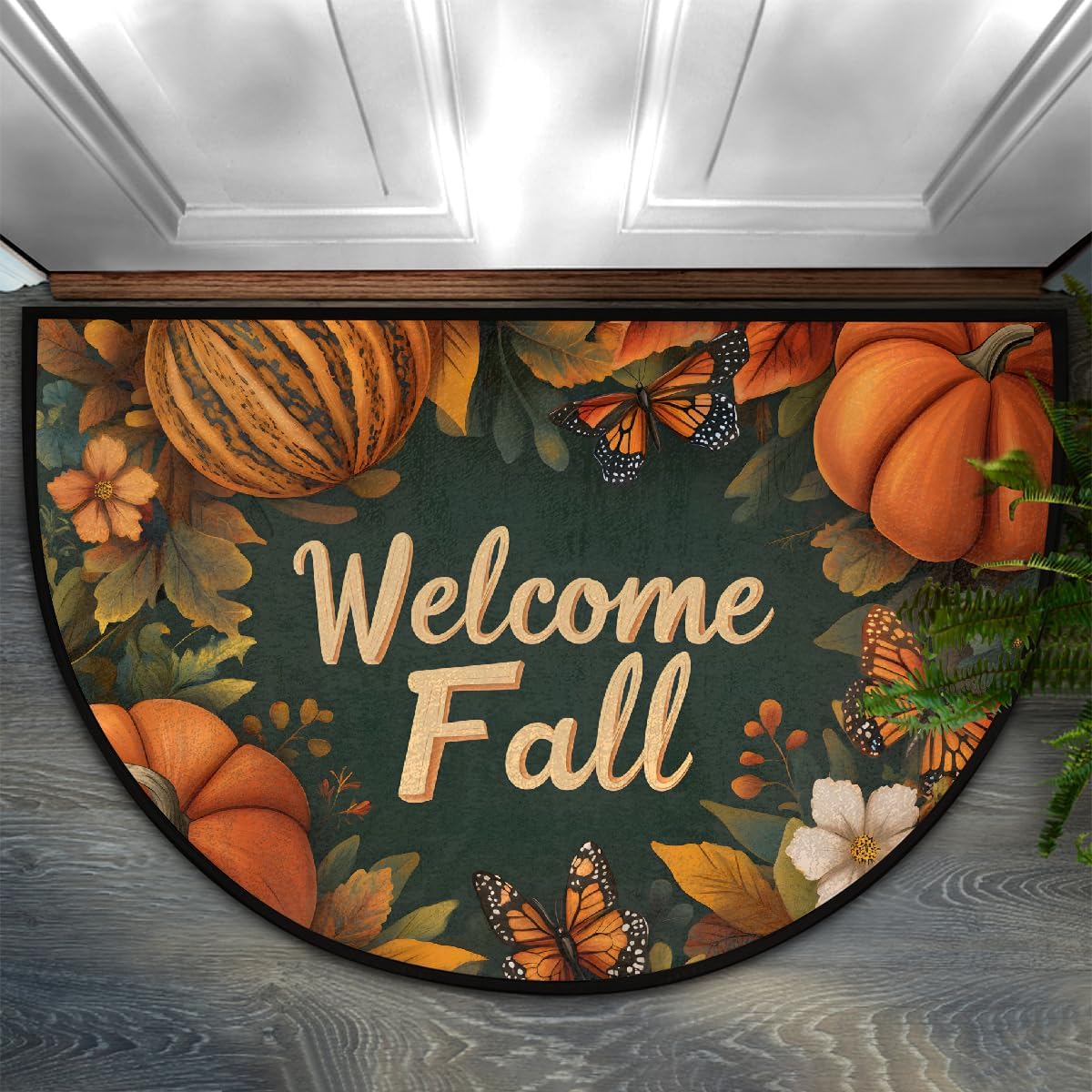 Autumn Pumpkin Letter Decoration Half Round Door Mat Non Slip Washable Semi Circle Area Rug Absorbent Soft Half Moon Rug Floor Mat for Indoor Outdoor Kitchen Bathroom Patio Front Door Mat Decor