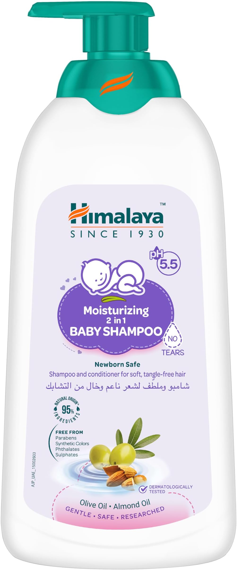 Moisturizing 2-in-1 Baby Shampoo Tear-Free|pH 5.5|95% Natural Origin Ingredients|Olive & Almond Oil|Free from Sulphates, Parabens, Alcohol & Synthetic Colours|Safe for Newborns|Pump 800ml