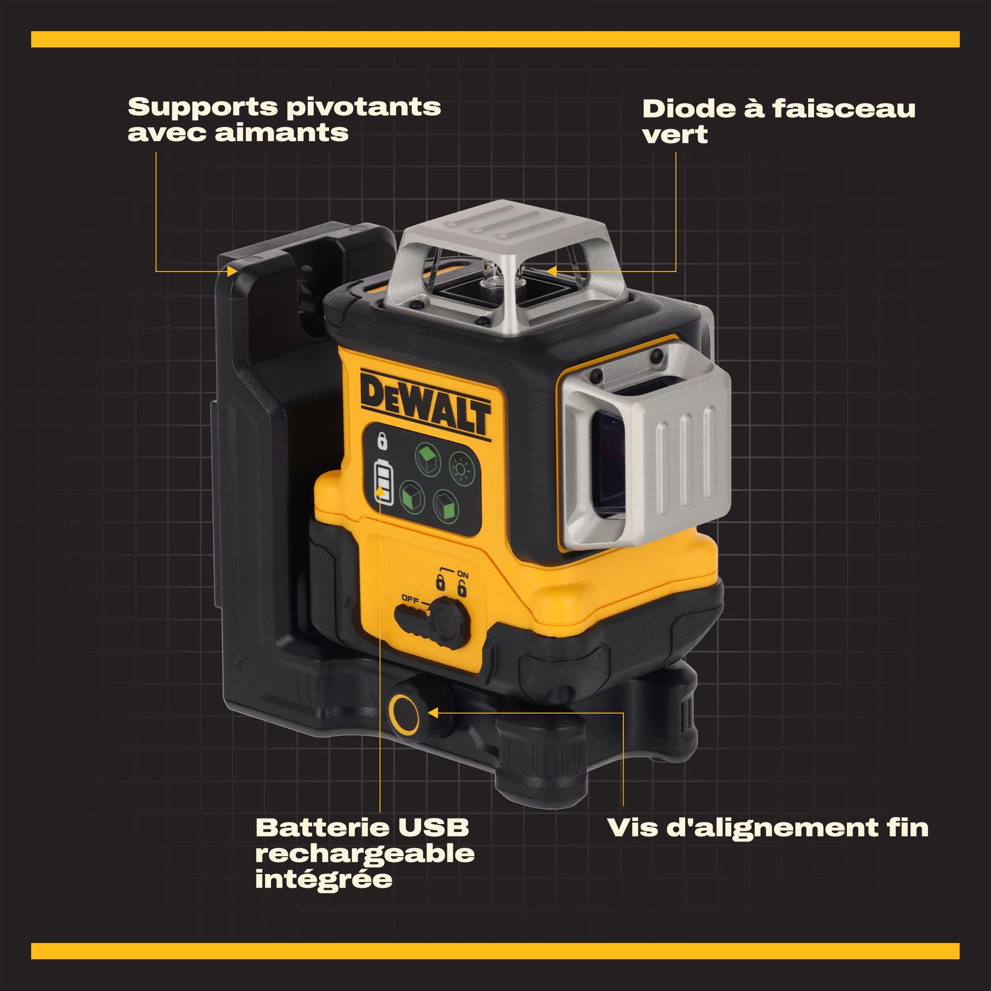 DEWALT, Laser linéaire vert 3x360° rechargeable par USB dans une mallette de rangement, DCLE14361GB-XJ