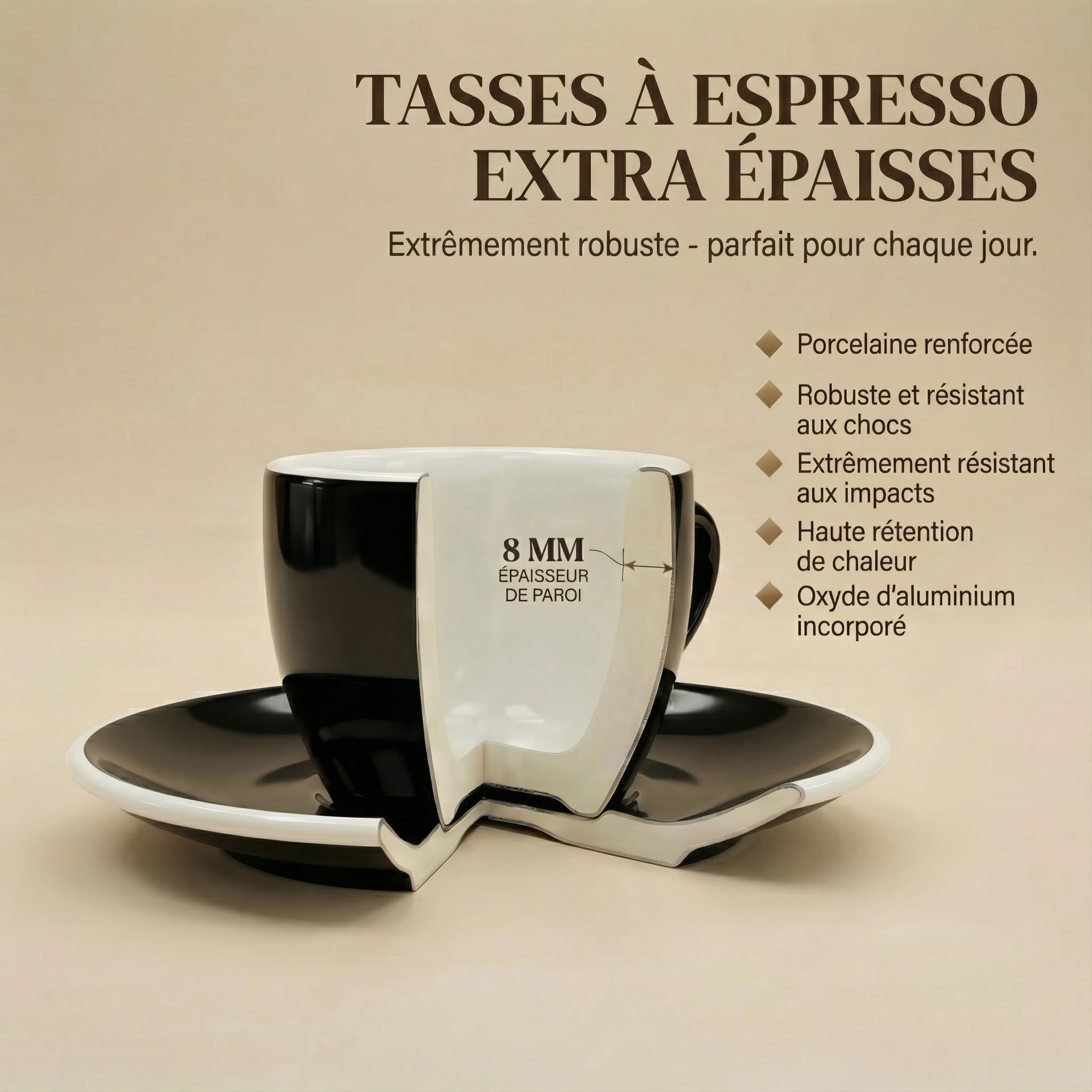 Lot de 6 tasses à expresso avec soucoupes Noir/Blanc, 60 ml Style italien Paroi extra épaisse de 0,8 cm et finition lourde Résistant au lave-vaisselle Tasses à café moka coffret cadeau