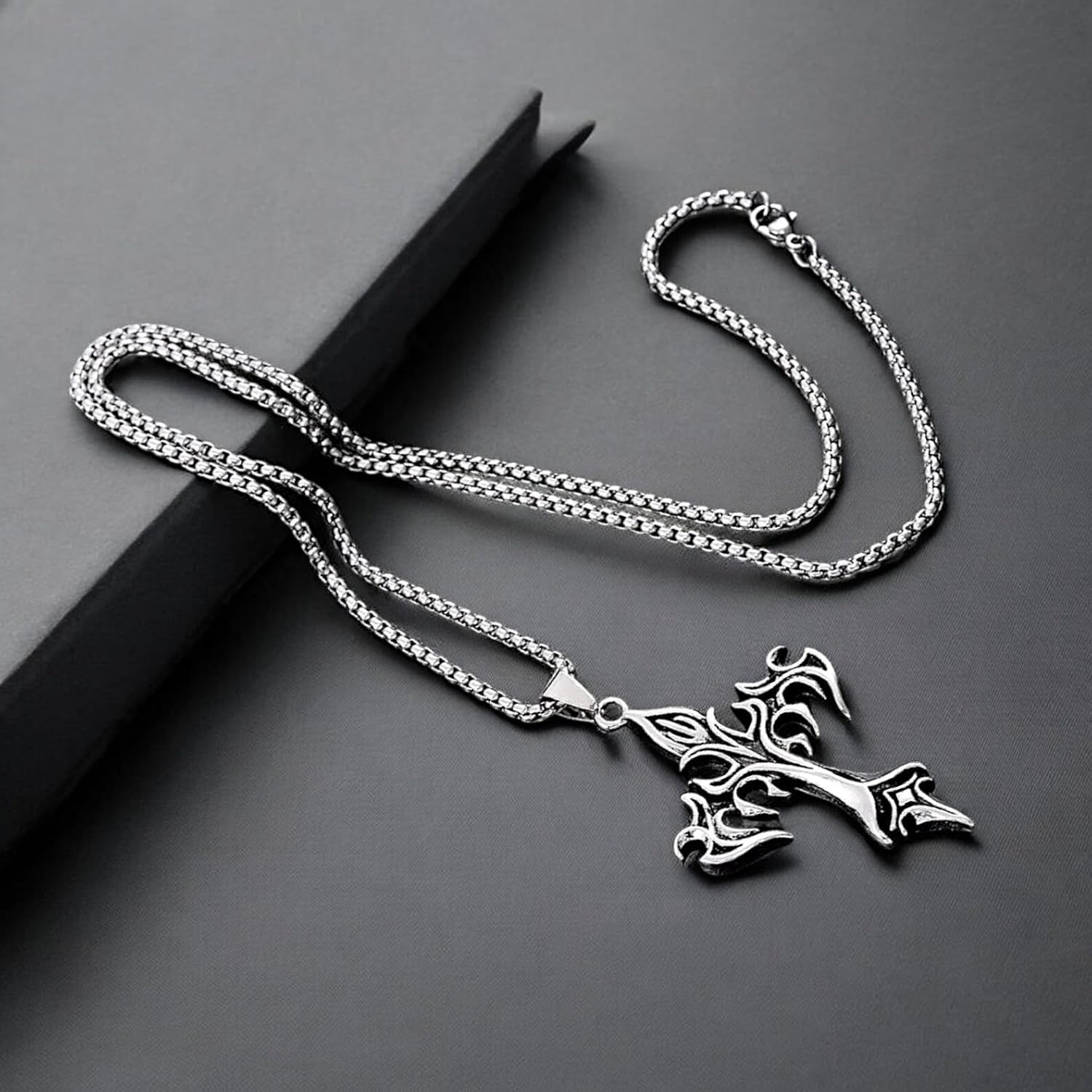 Gothic Flame Cross Pendant Necklace for Men – Tribal Fire-Inspired Punk Rock Jewelry, Stainless Steel Biker Style (Flame Cross) - Image 5