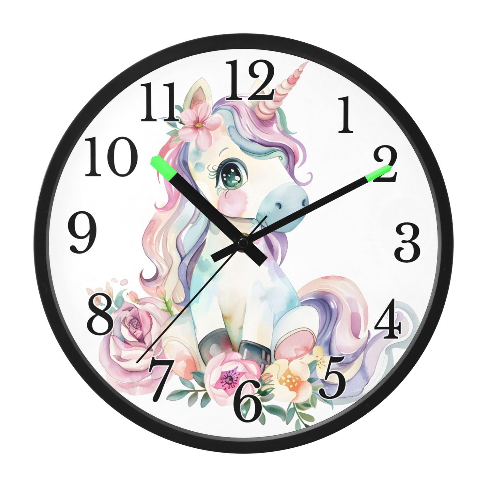 Mnsruu Reloj de pared luminoso con diseño de unicornio y flores de caballo blanco, funciona con pilas, reloj silencioso que brilla en la oscuridad, para sala de estar, cocina, 30,5 cm