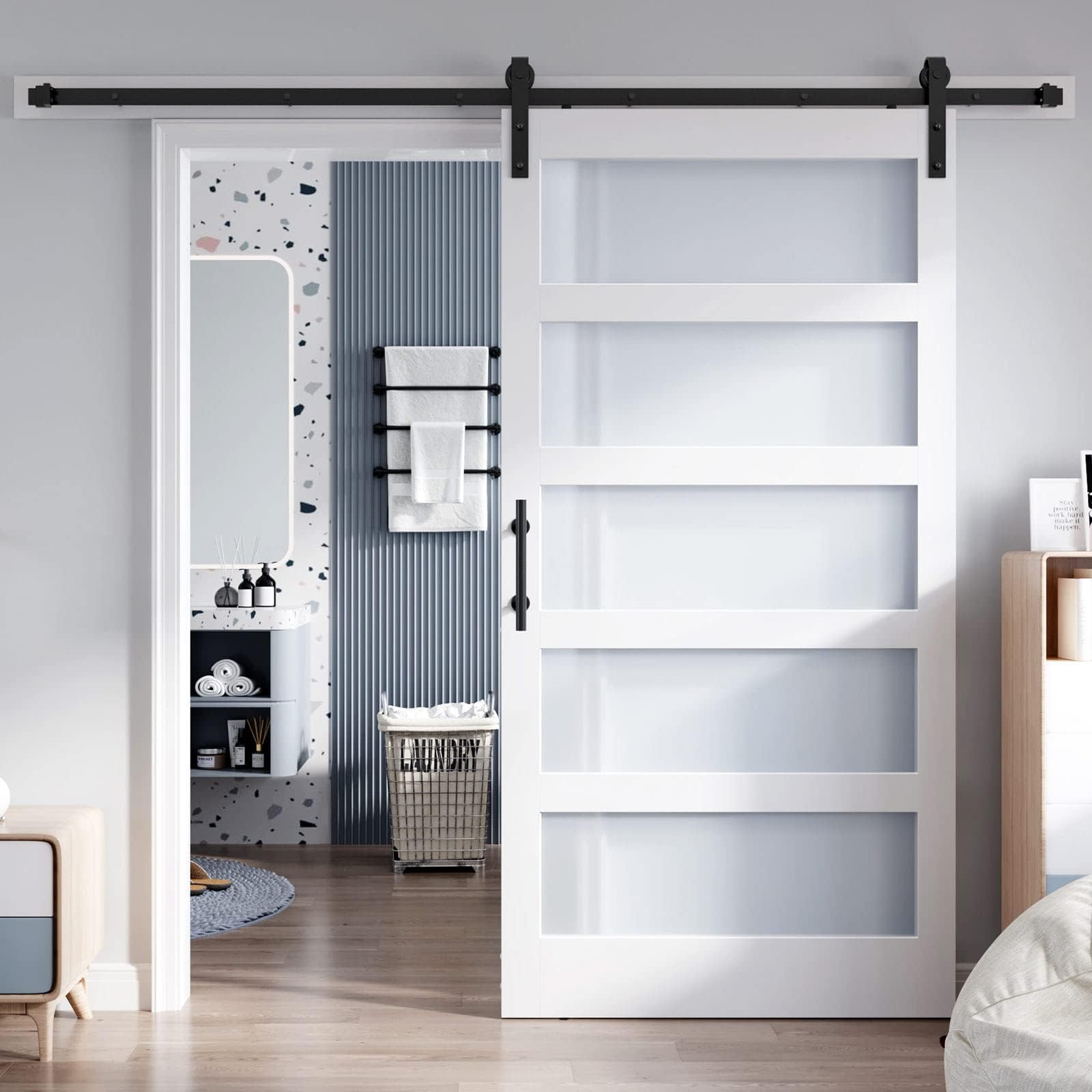 42x84 Inch Glass Sliding Barn Door Slab and 7ft Hardware Kit Included, 5 Frosted Glass, LVL Wood Panel Covered with White Water-Proof Scratch-Proof PVC Surface, Simple DIY Assembly