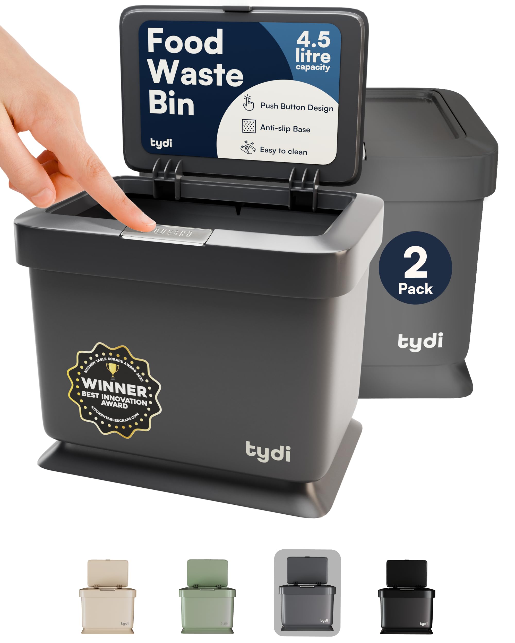 Tydi 4.5L Food Waste Bin with Press-Button Lid (2 Pack) – Compost Bins for Kitchen - Anti-Slip Base and Secure Lid Kitchen Compost – Small Indoor Caddy for Cupboard or Countertop – Dark Grey — image 1
