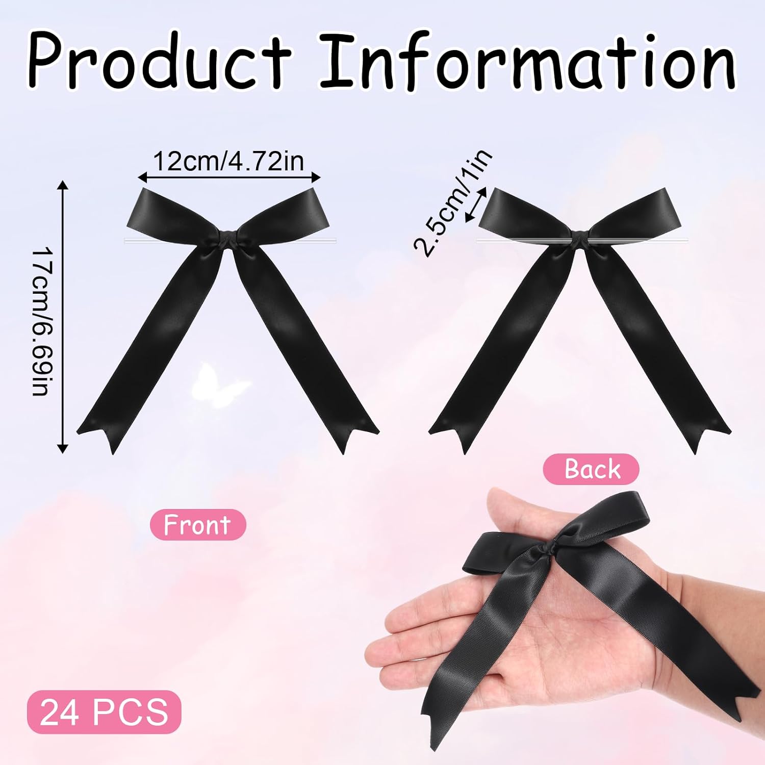 24 Pcs Satin Ribbon Bows 5x7 Inch Twist Tie Bows, Cute Black Bow Decor for Gift Wrapping Cake Treat Bags Craft DIY Gift Baby Shower Birthday Party Favors Wedding Decorations (Black) - Image 2