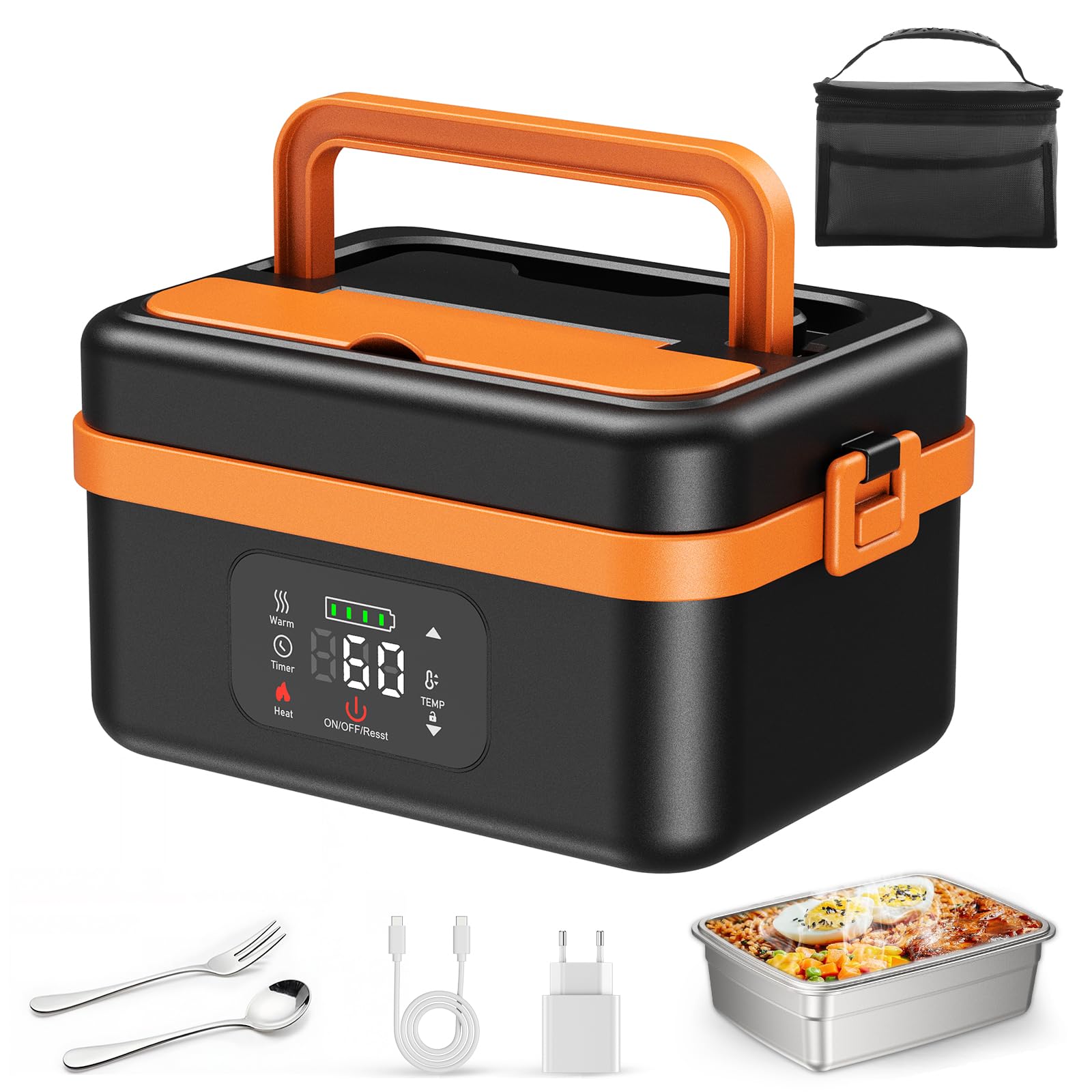 Scaldavivande Elettrico Portatile, 1L Porta Pranzo Elettrico con Touch Screen, Scalda Vivande Portatile Elettrico con Stoviglie in Acciaio Inossidabile e Borsa Termica per Auto/Ufficio/Viaggi