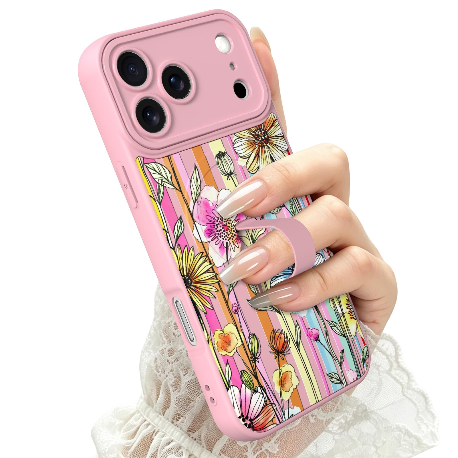 AIGOMARA Custodia magnetica per iPhone 17 Pro - Rosa, motivo floreale a | [Compatibile con MagSafe] Rosa Blu Disegno Fiore Colorato Morbido TPU Hard PC Back Anti-caduta Sottile Cover con Finger Strap