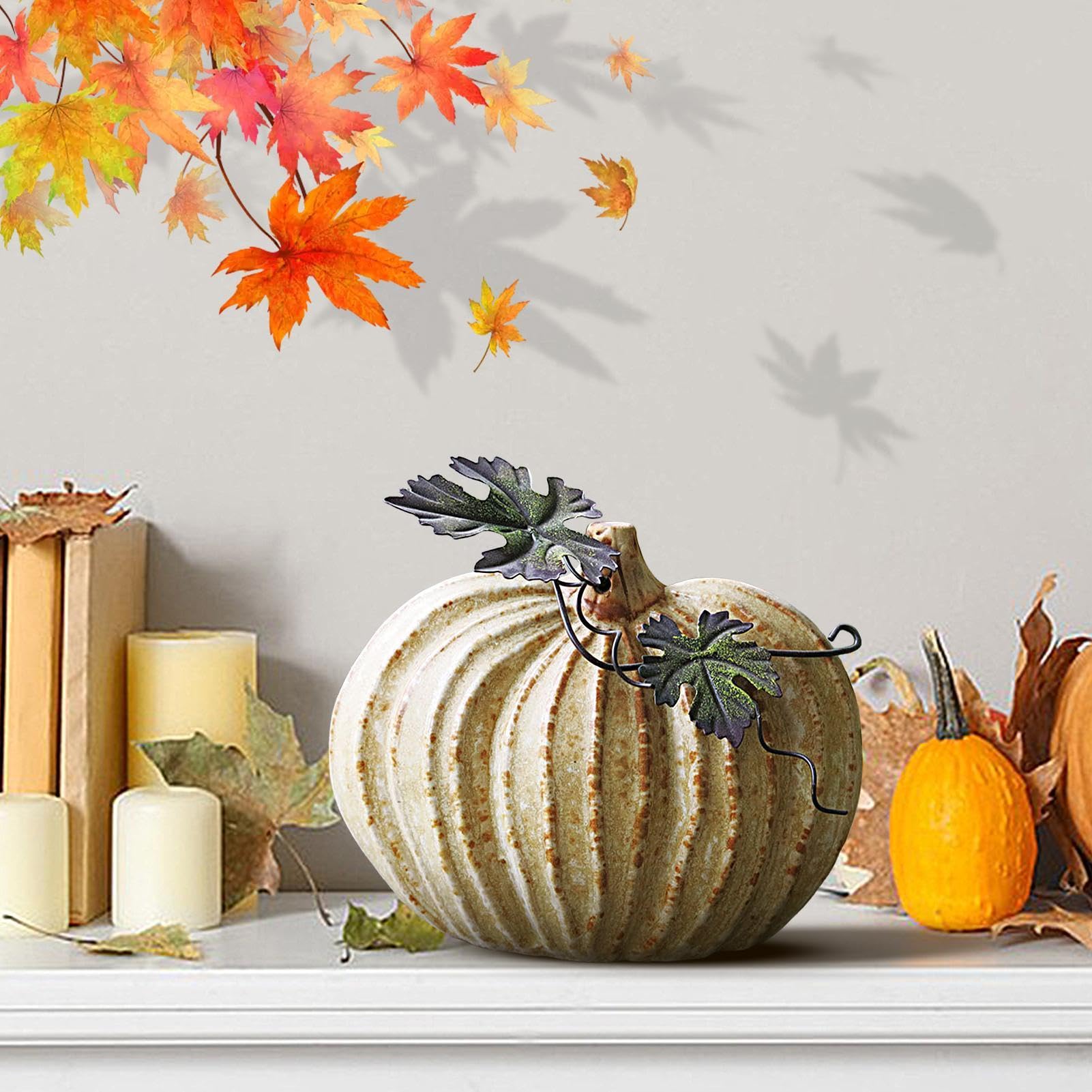 2 Zucca In Ceramica Per Decorazione Autunnale - Arancione, Verde E Marrone - Altezza 8,5 Cm - Logbuch-Verlag