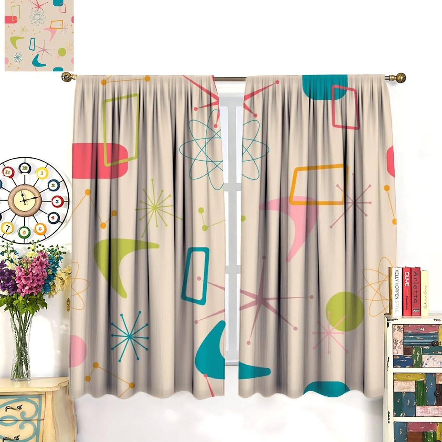 Mid Century Curtains，Modern Colorful Abstract Geometric Pattern Curtains Retro Mid Century Living Room Kitchen Bedroom Blackout Curtains Set 2 Panels,42x45 Inches