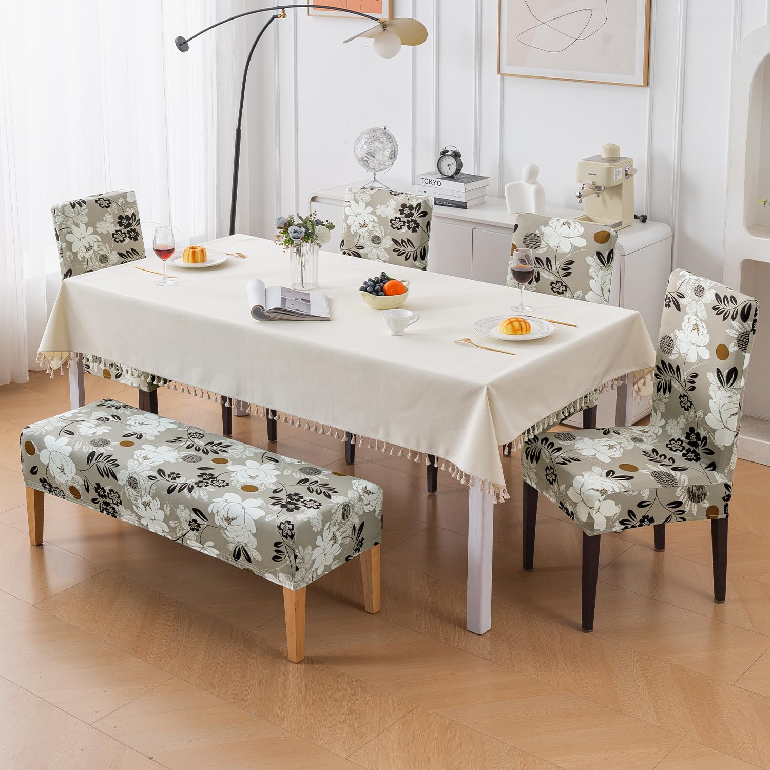 HOKIPO Dining Chair Covers - Beige Abstract Art -11