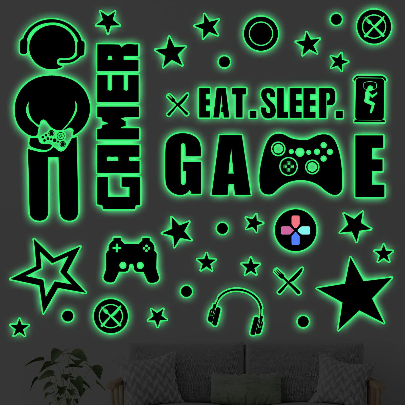 4 Pack Gamer Room Decor for Boys Glow in The Dark Gamer Wall Decals Gifts for Gamer Son Eat Sleep Gaming Wall Stickers for Kids Boys Gamer Bedroom Playroom Decoration (Green)