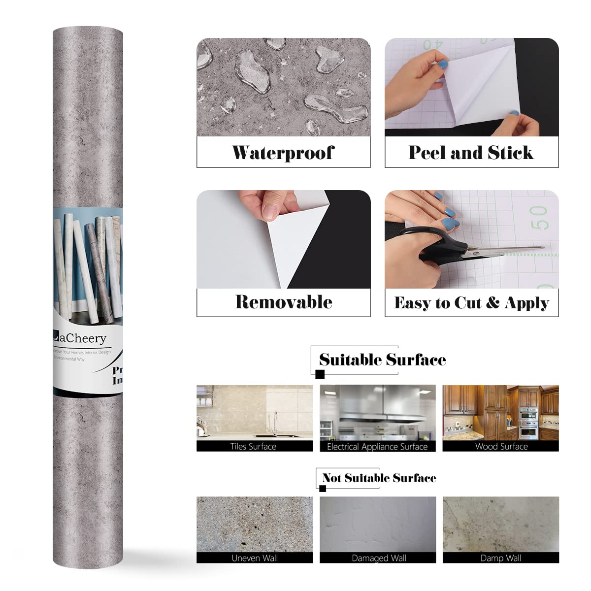 LaCheery 24"x160" Thick Grey Concrete Wallpaper Peel and Stick Modern