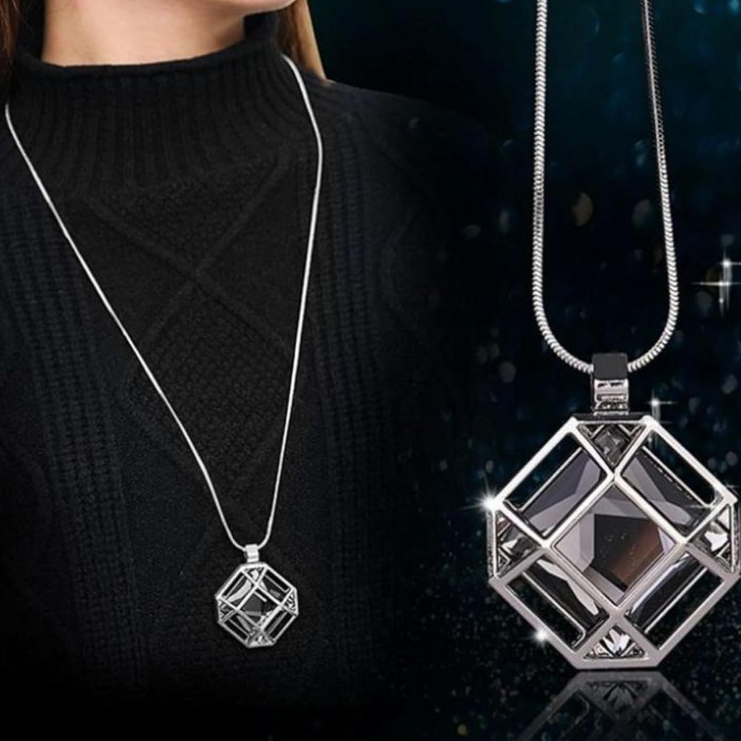 72ore Long Silver Necklace Black Crystal Stone Pendant Silver Chain Necklaces for Women 2025 Boho Jewelry Gifts Sweater Outfits Accessories - Image 2