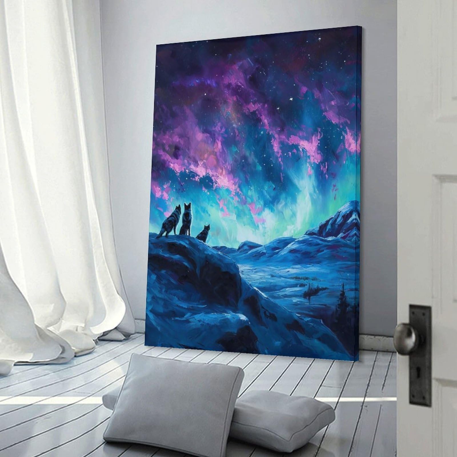 Junmoney Frame-Style-5 Decorative Wall Artwork Wolves Under Aurora Borealis Painting, 24X36inch(60X90cm), For New Homes, Bedrooms Or Workspaces, Canvas Artwork With Gifting Potential