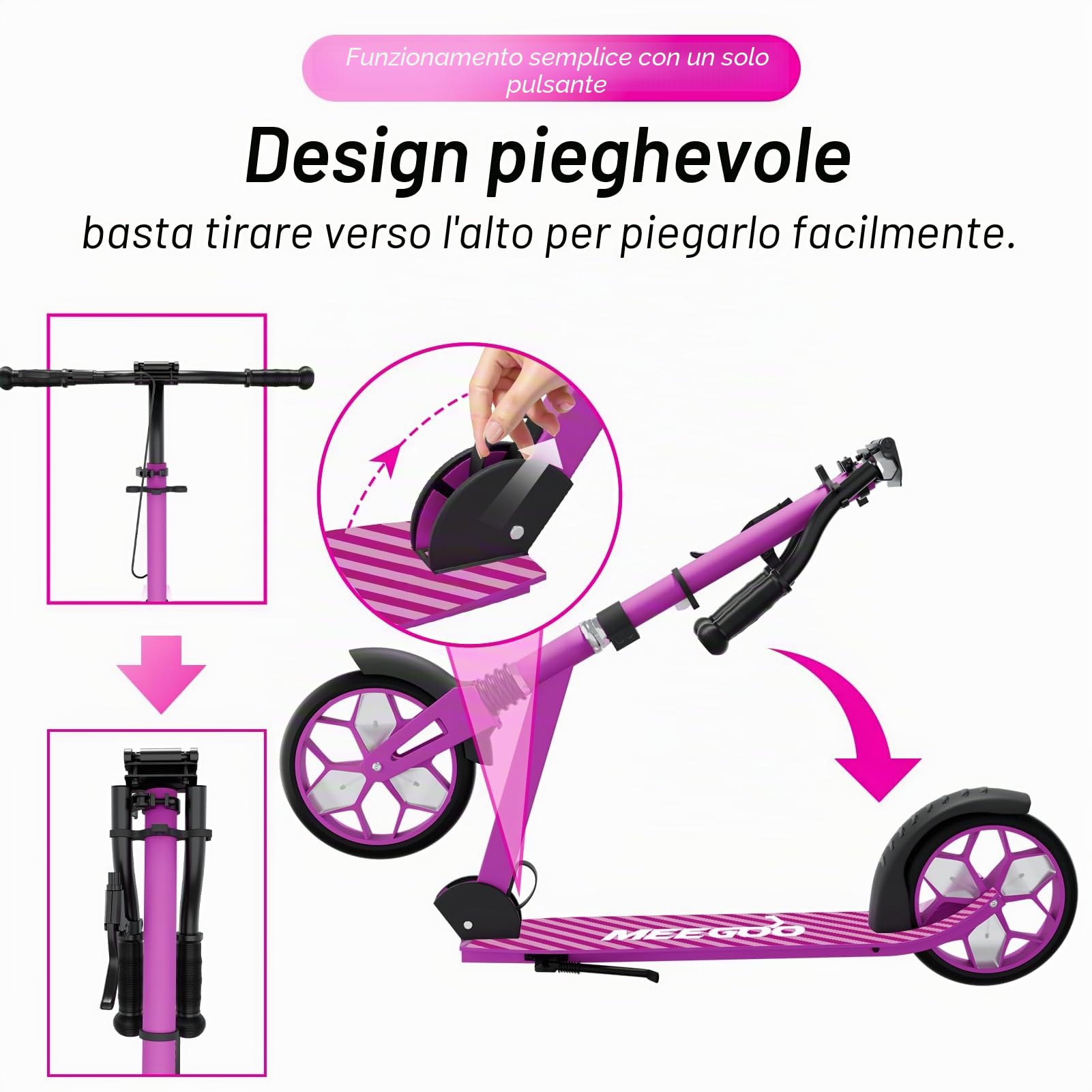 MEE GOO Monopattino pieghevole per bambini e ragazzi con assorbimento degli urti, altezza del manubrio regolabile, luce LED, doppi freni (mano + posteriore), ruote da 8", tavola antiscivolo, fino a