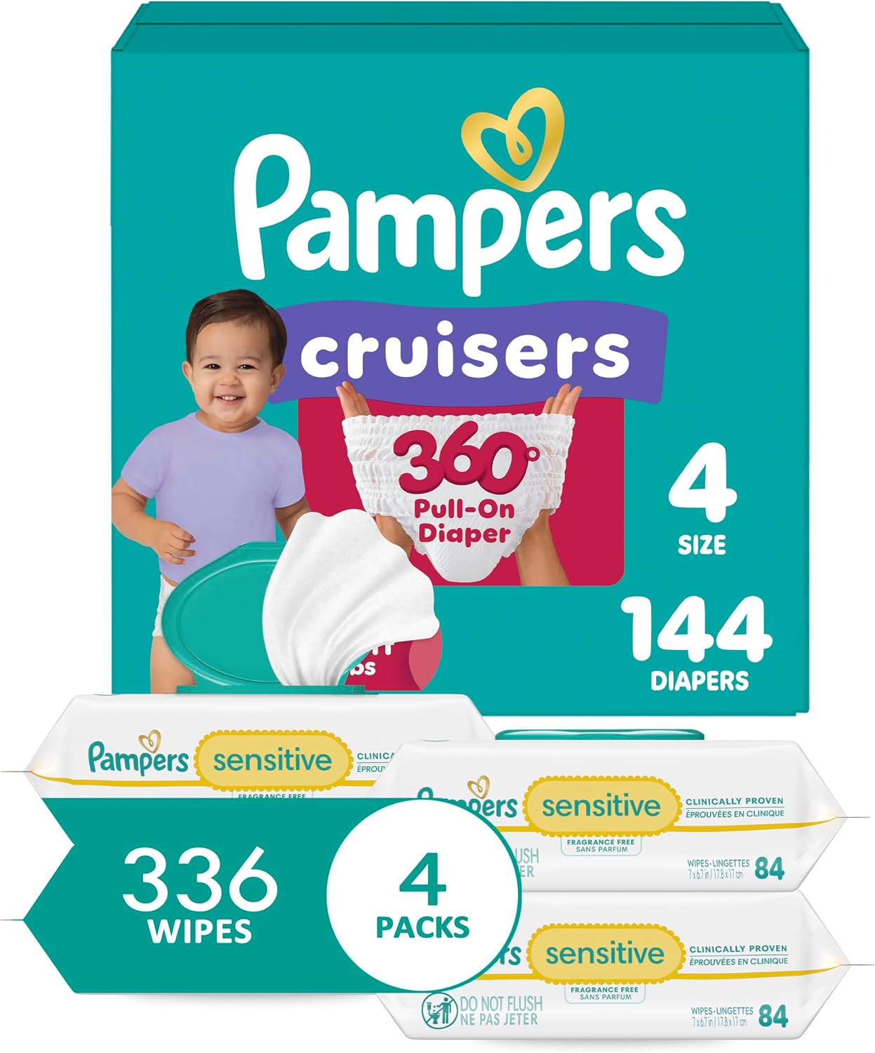 Pampers Pull On Cruisers 360° Fit Disposable Baby Diapers Size 4, One Month Supply (144 Count) with Sensitive Water Based Baby Wipes 6X Pop-Top Packs (336 Count)