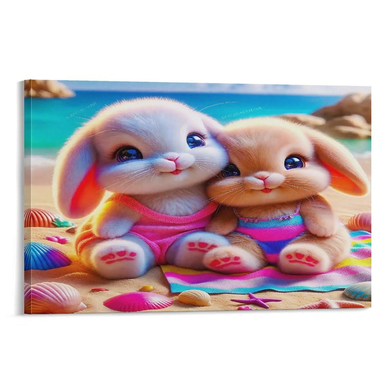 CPLVKWRQJ Cute Bunny Single Piece Two Bunnies Beach Summer Shells Canvas Wall Hanging - Kitchen Removable Wall Art Focal Point Ready to Hang 20x30inch(50x75cm)