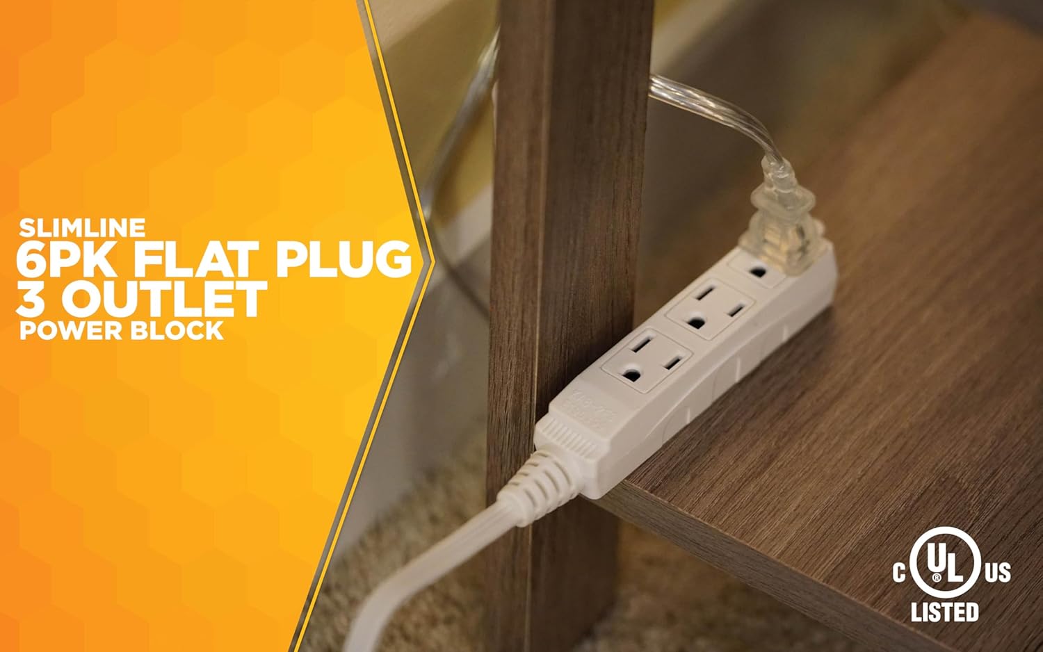 Woods SlimLine Angled Flat Plug Extension Cord; Space Saving Flat Design; 3 Grounded Outlets; 13-Foot; 13 Amps; 1625 Watts; 125 Volts; UL Listed; 2232