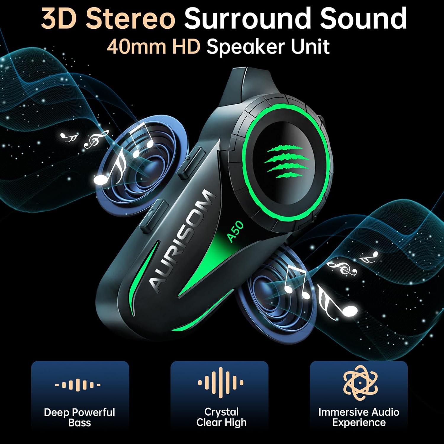 AURISOM A50 headset with sound waves illustrating 3D stereo surround sound and 40mm HD speaker unit.
