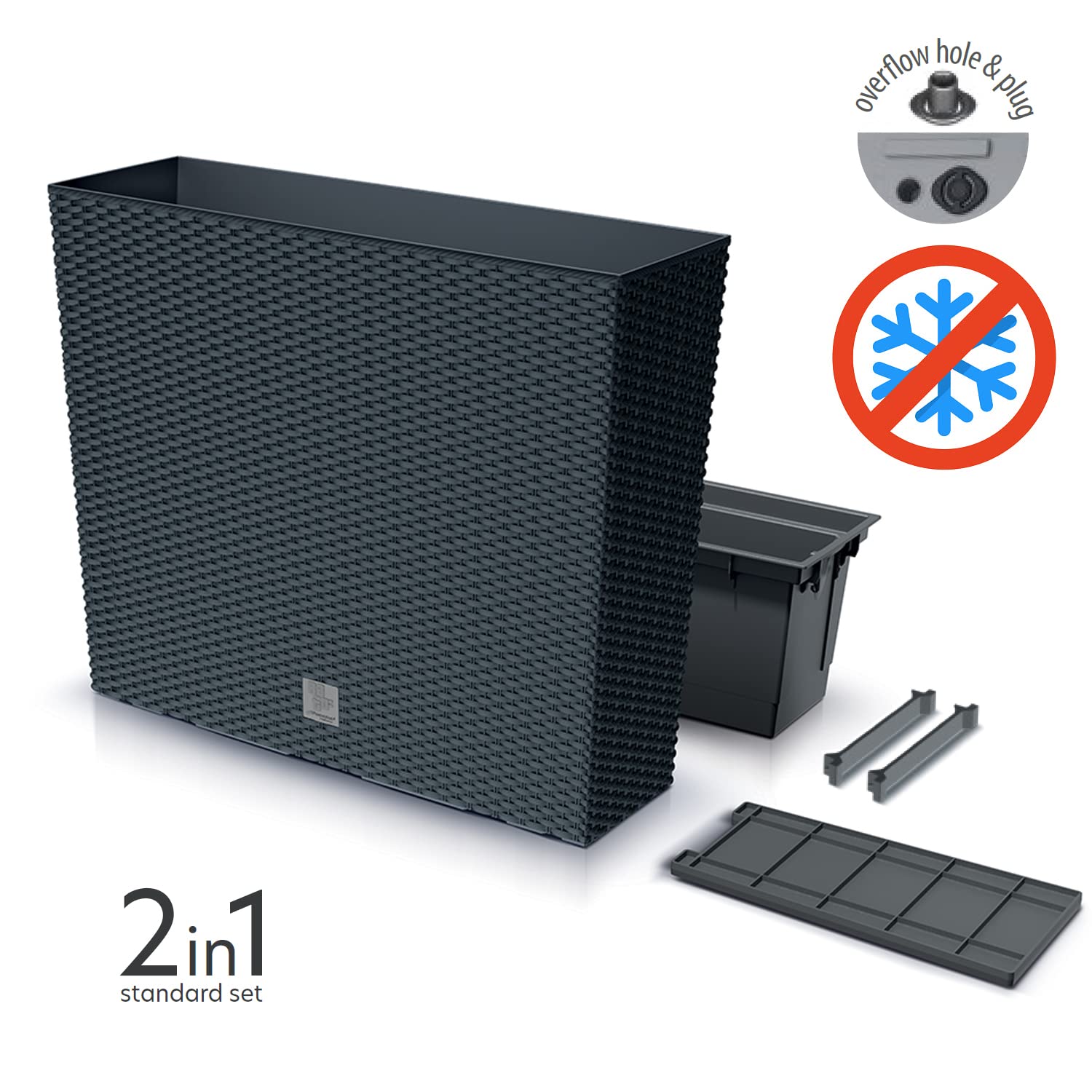 Conjunto de 3 macetas para flores, rectangular, Rato, casas decorativas de plástico, 18 x 58 x 49,8 cm, para interior, negro, volumen 44 litros, diseño moderno