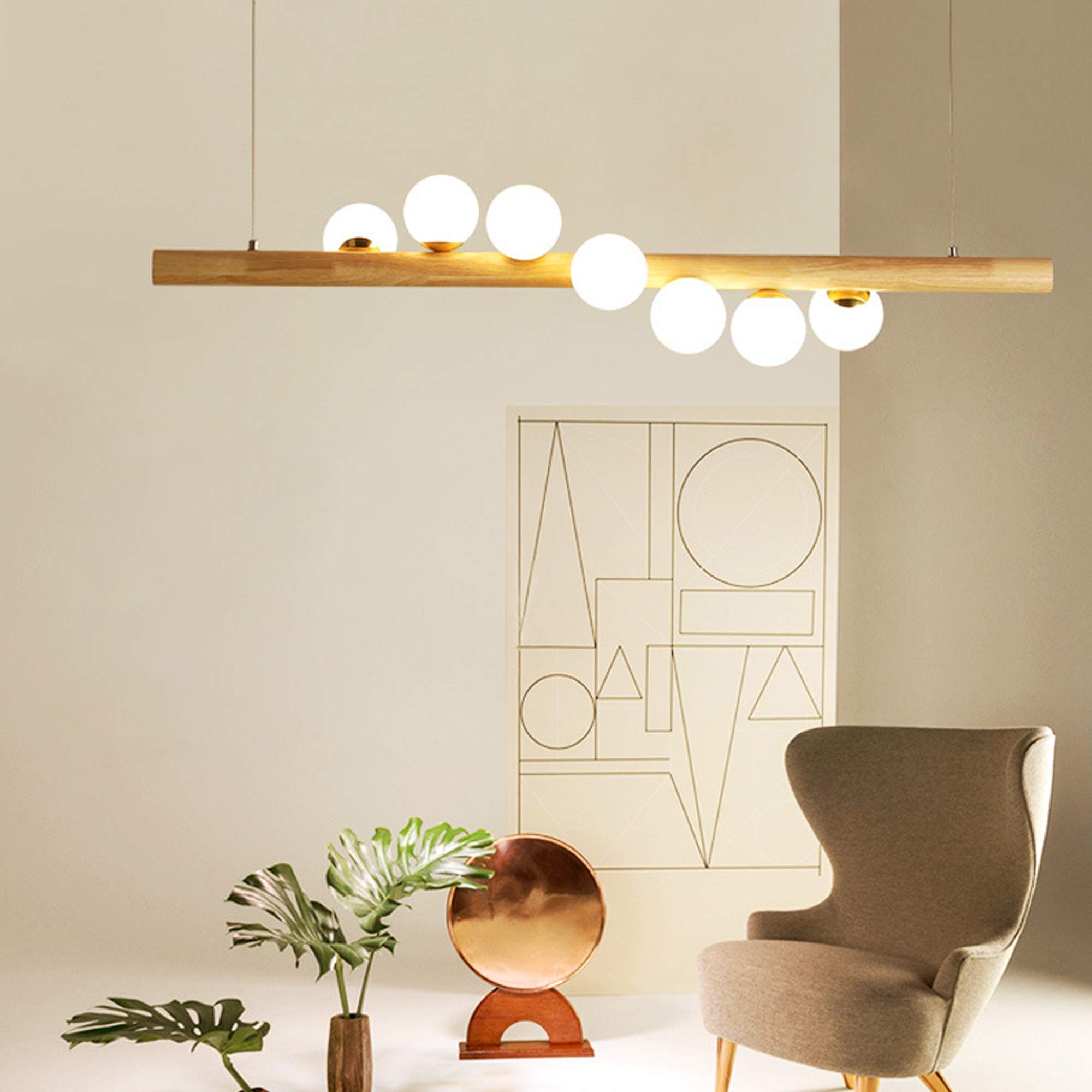 Lámpara Colgante LED De Madera Luces Colgantes Bola Ajustable En Altura Hecha Candelabros De Restaurante De Vidrio Con Lámpara De Techo Retro Iluminante G9 Para Lámpara De Comedor (7 Luces)