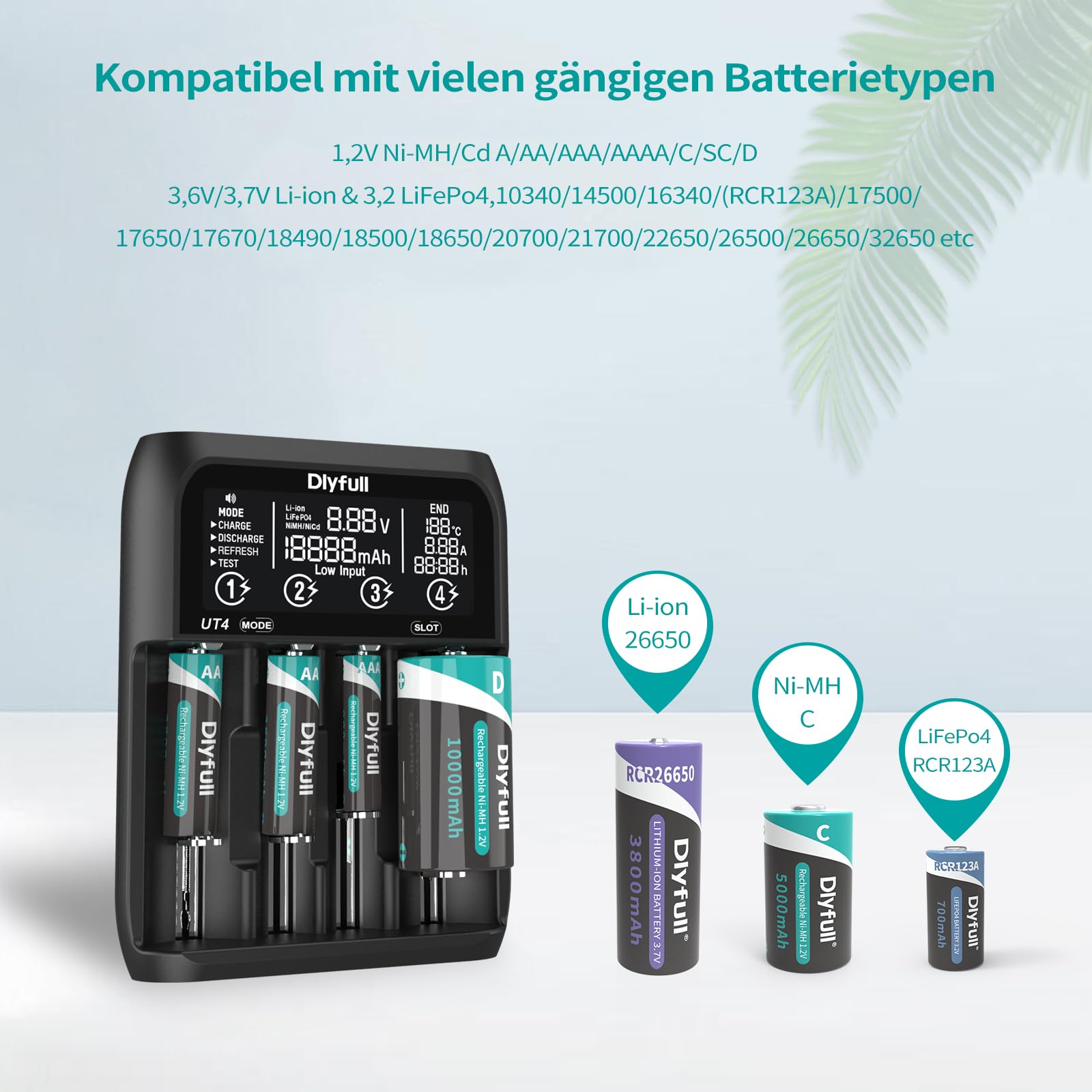 Dlyfull Caricabatterie Pile Ricaricabili 10 Slot Caricabatterie Veloce Per Batterie Li-Ion, NI-MH, NI-Cd, LiFePo4, 18650, 21700, AA, AAA, C, SC, 9V Con Display LCD - 5