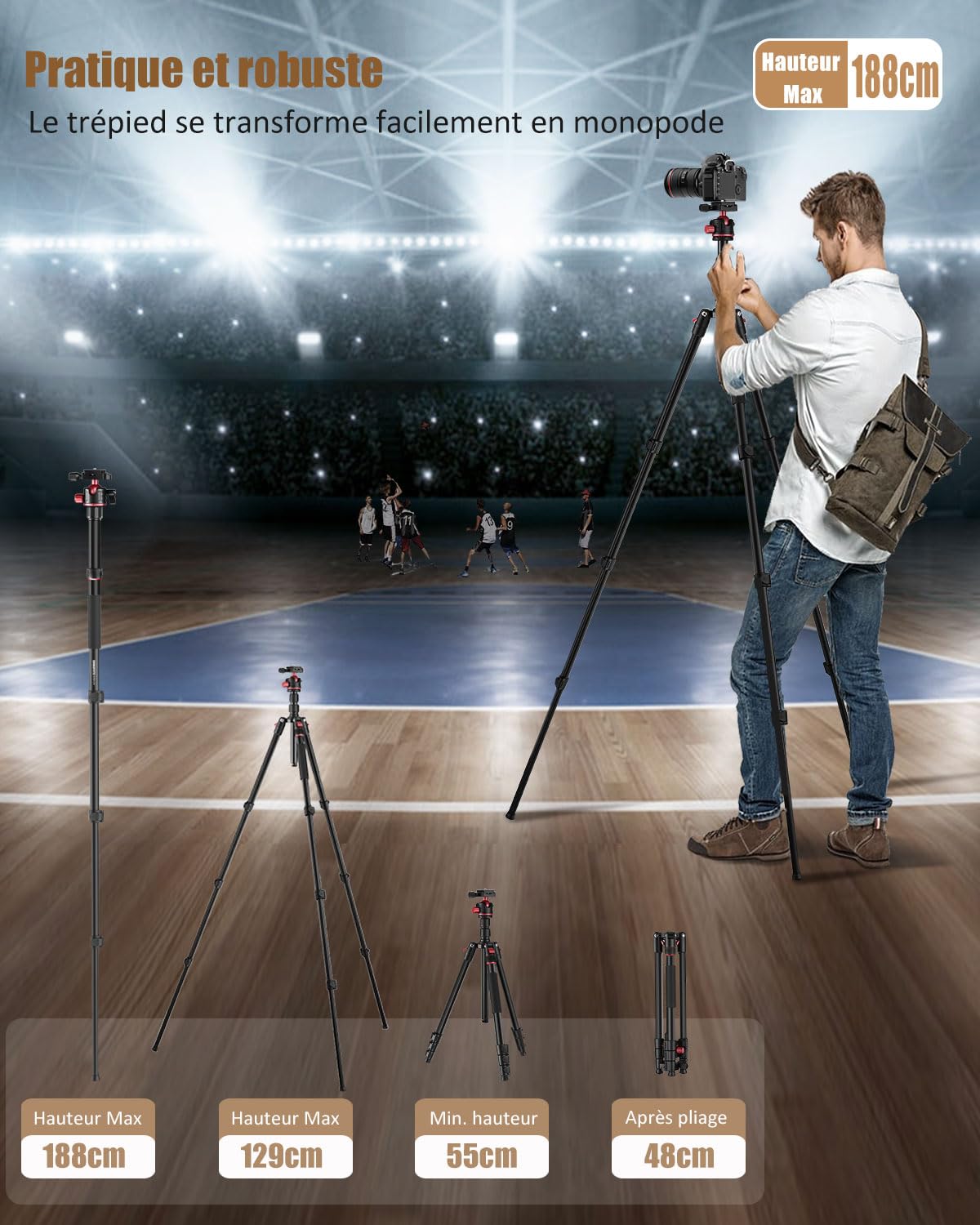 CAMBOFOTO 188cm Trépied pour Appareil Photo, Trépied & Monopode en Aluminium avec Tête Sphérique pour DSLR/SLR avec Sac de Transport Compatible avec Canon Nikon Jumelles Télescope Laser