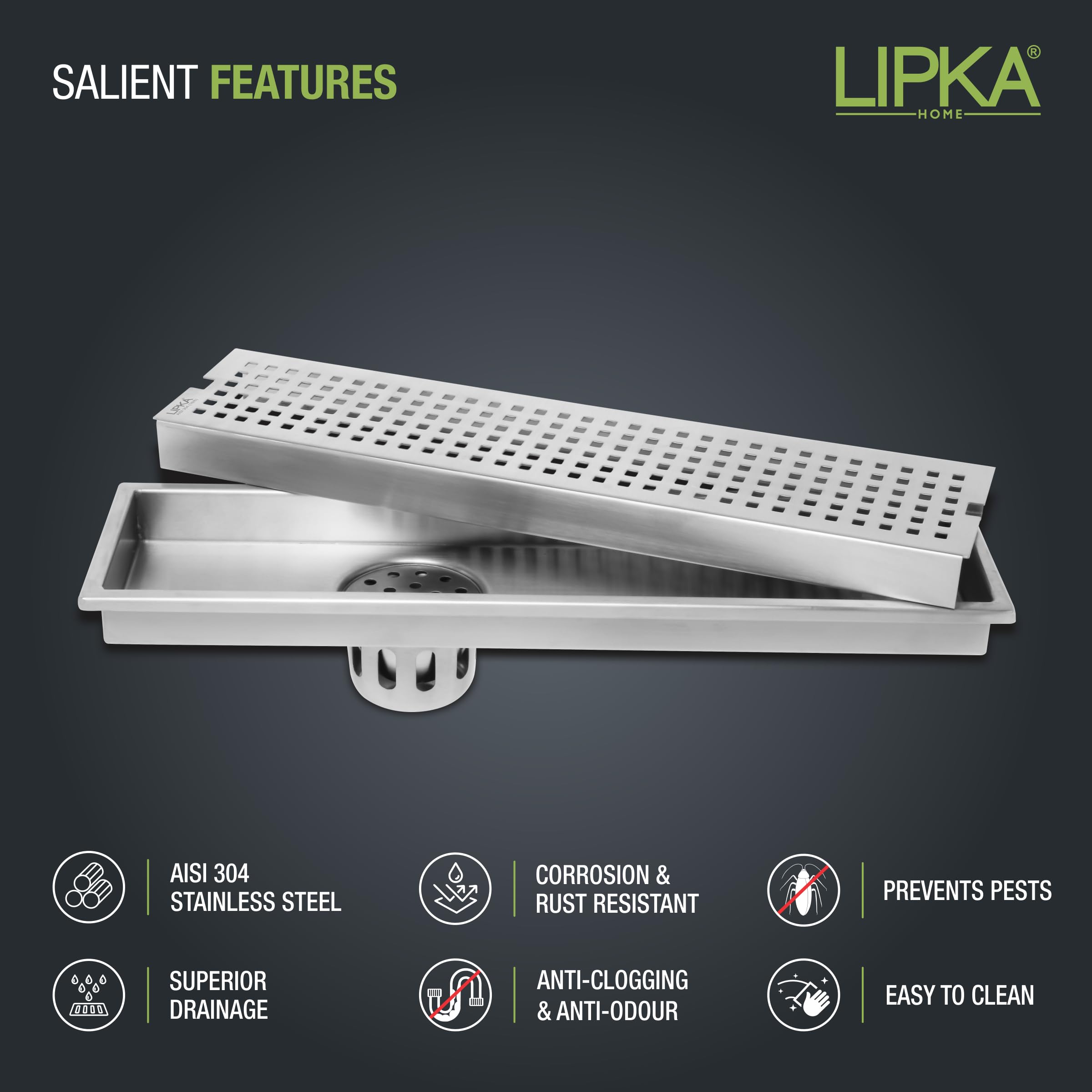 LIPKA Palo Shower Drain Channel | 36 × 5 Inches | 304 Stainless Steel Shower Water Drain Channel for Bathroom & Shower Areas| Floor Drain with Cockroach Trap, Side Hole with Collar 1