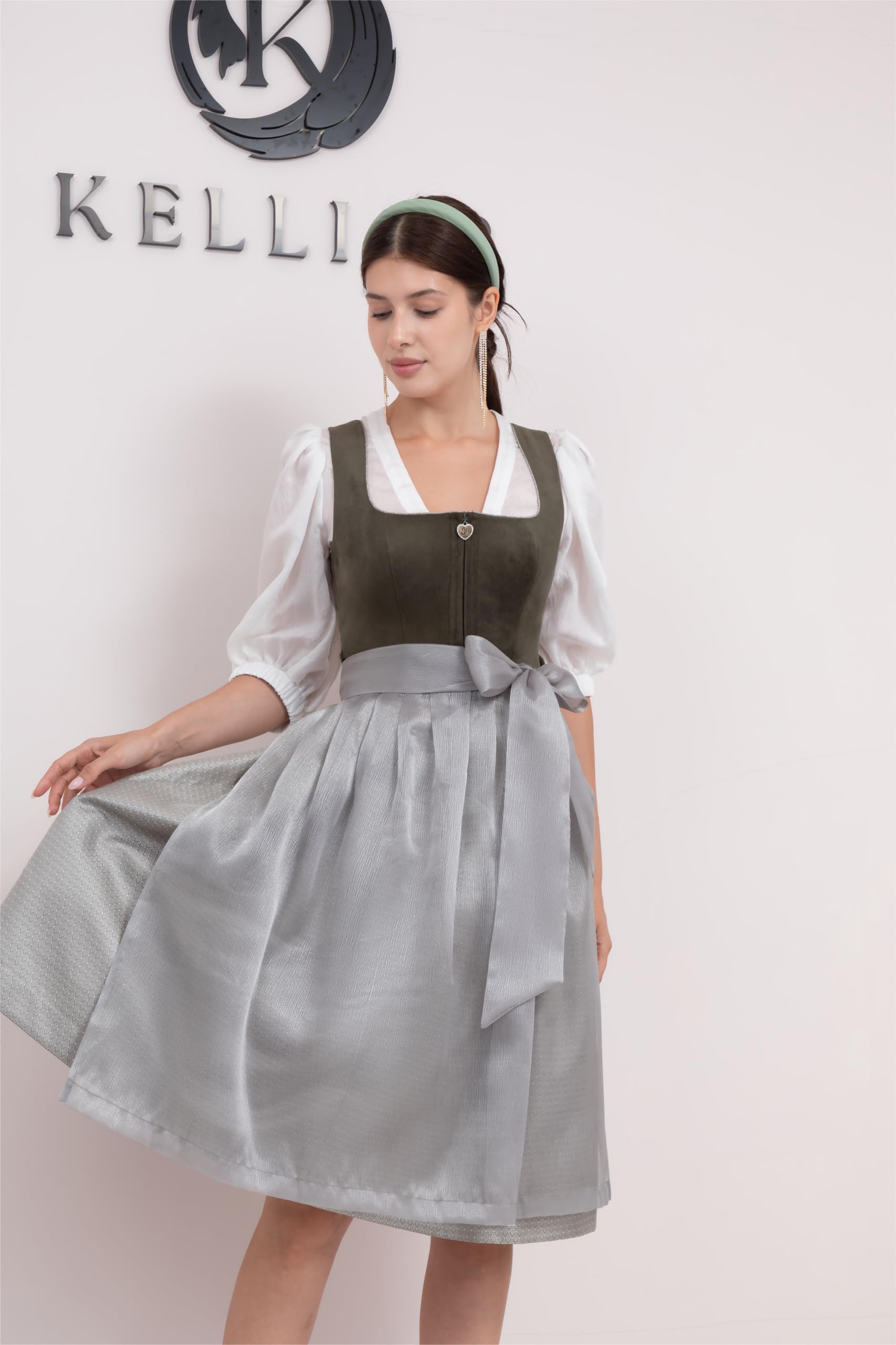 Damen Dirndl Moosgrünes/Grün 65cm/70cm,Elegant (Ohne Dirndlbluse) | Dirndl Grün,Dunkelgrüne,Velours-Mieder,mit Samt,Trachtenmode,Eckiger Ausschnitt,Dirndl Lang,für Oktoberfest Größe 36-44