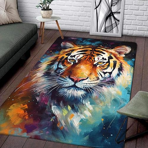Miniatura 1 de Alfombra de tigre pintada con aceite de tigre, alfombra colorida con estampado de tigre, alfombra de área de tigre para sala de estar, alfombra