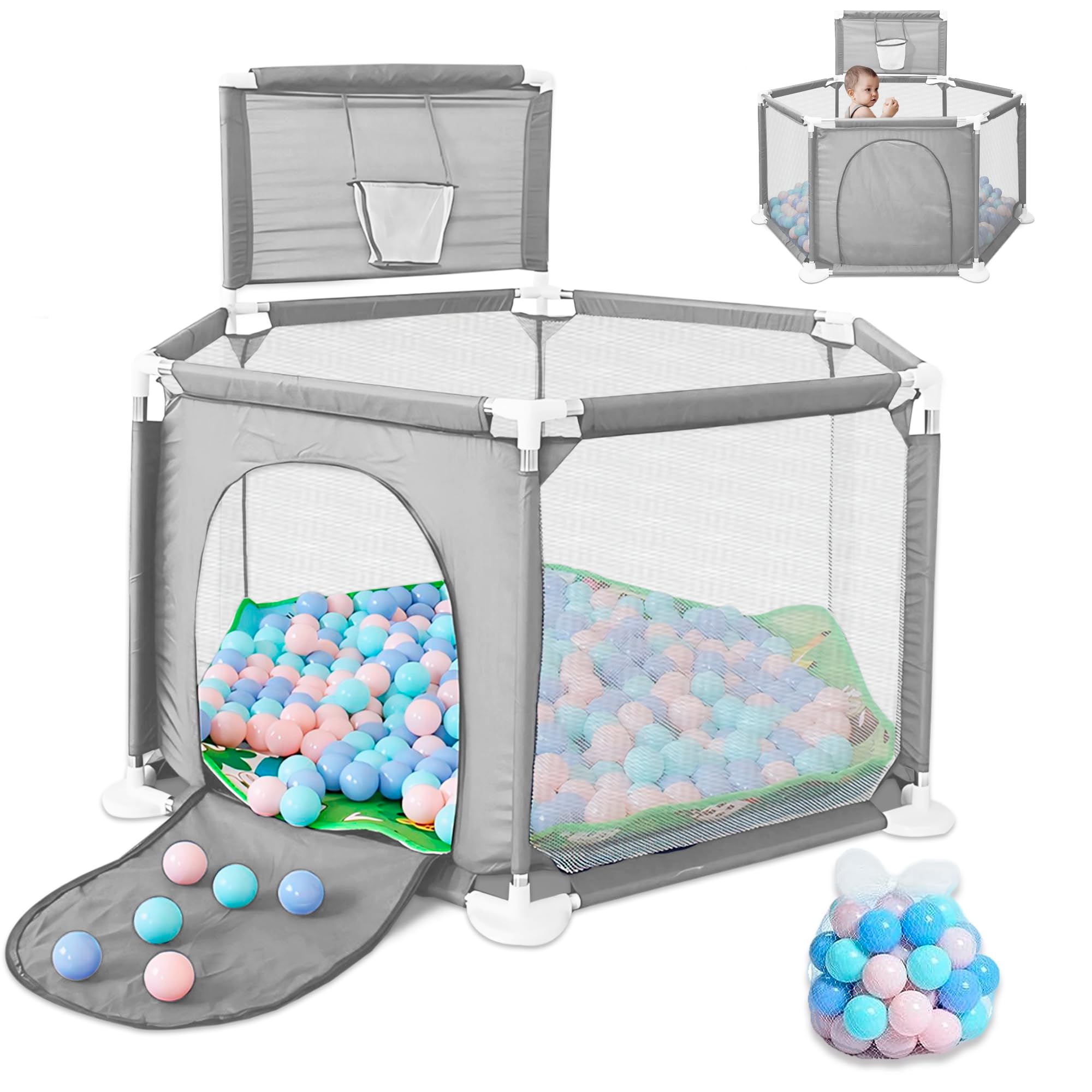 JUPPLIES Parque Infantil Bebe 127x127cm Hexagonal – Corralito Bebe con Malla Transpirable – Parque de Juegos Bebe Plegable con Puerta Lateral – Playpen Bebe - Parque con Canasta y Pelotas