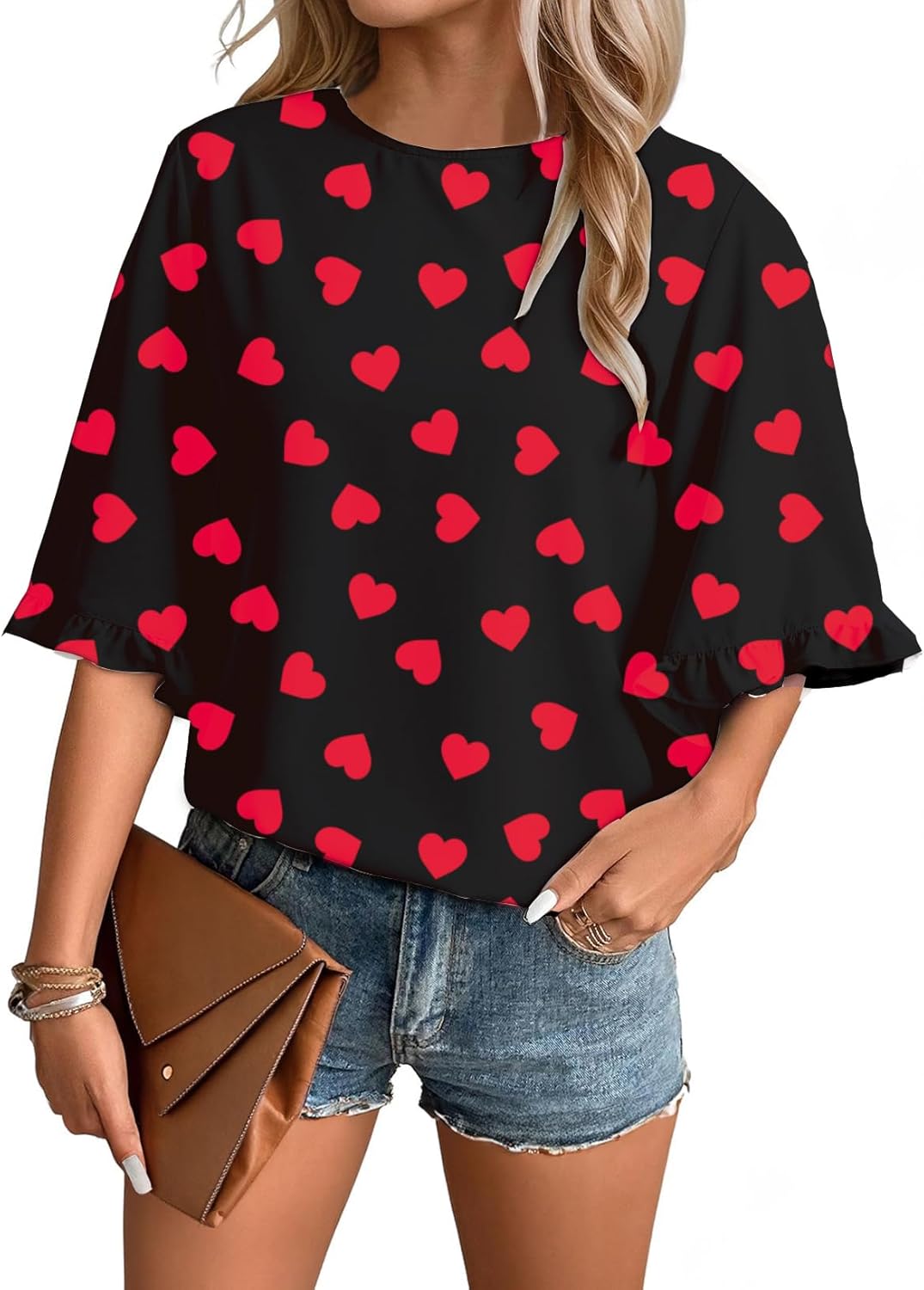 Roshop Valentines Shirts Women's Heart Blouse Dressy 3 4 Ruffled Bell Sleeve Cute Hearts Shirt - Image 2