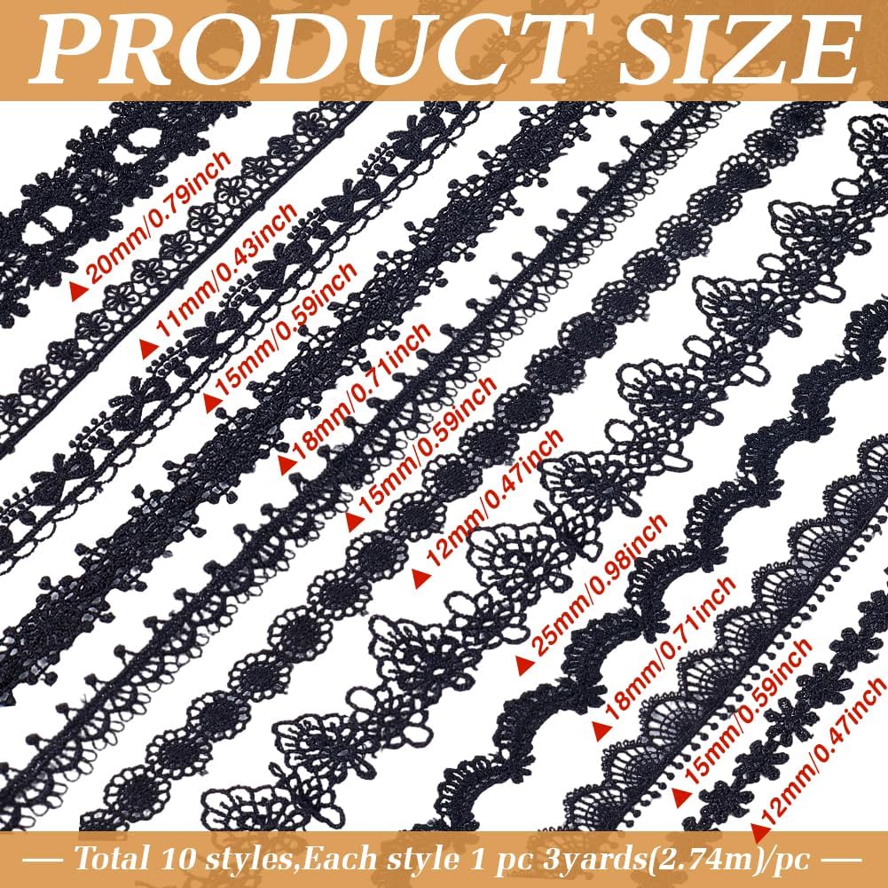 MAYJOYDIY 30 Yards Black Venice Lace Ribbon Embroidered Edge Trim Vintage Lace Trim for Gift Wrapping DIY Sewing Crafts Scrapbooking Wedding Bouquet Decoration(10 Styles)
