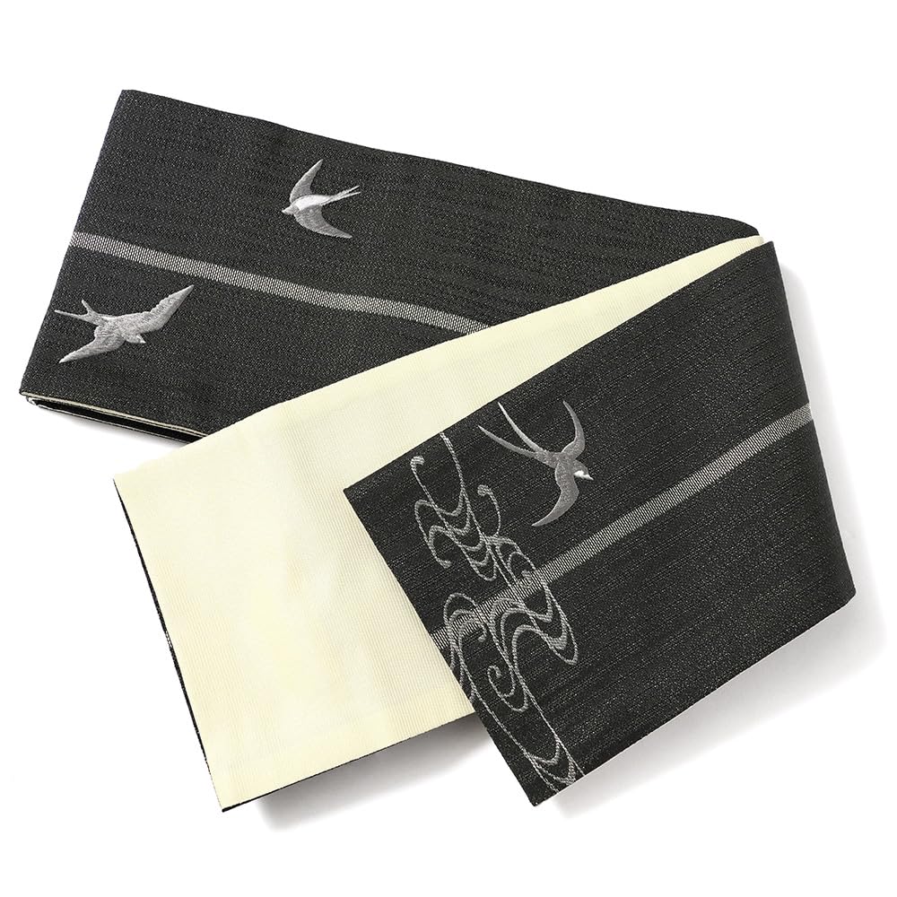 dear-japan] 半幅帯 燕 ブラック 黒 刺繍 シック 着物 紫 帯の色 半幅帯