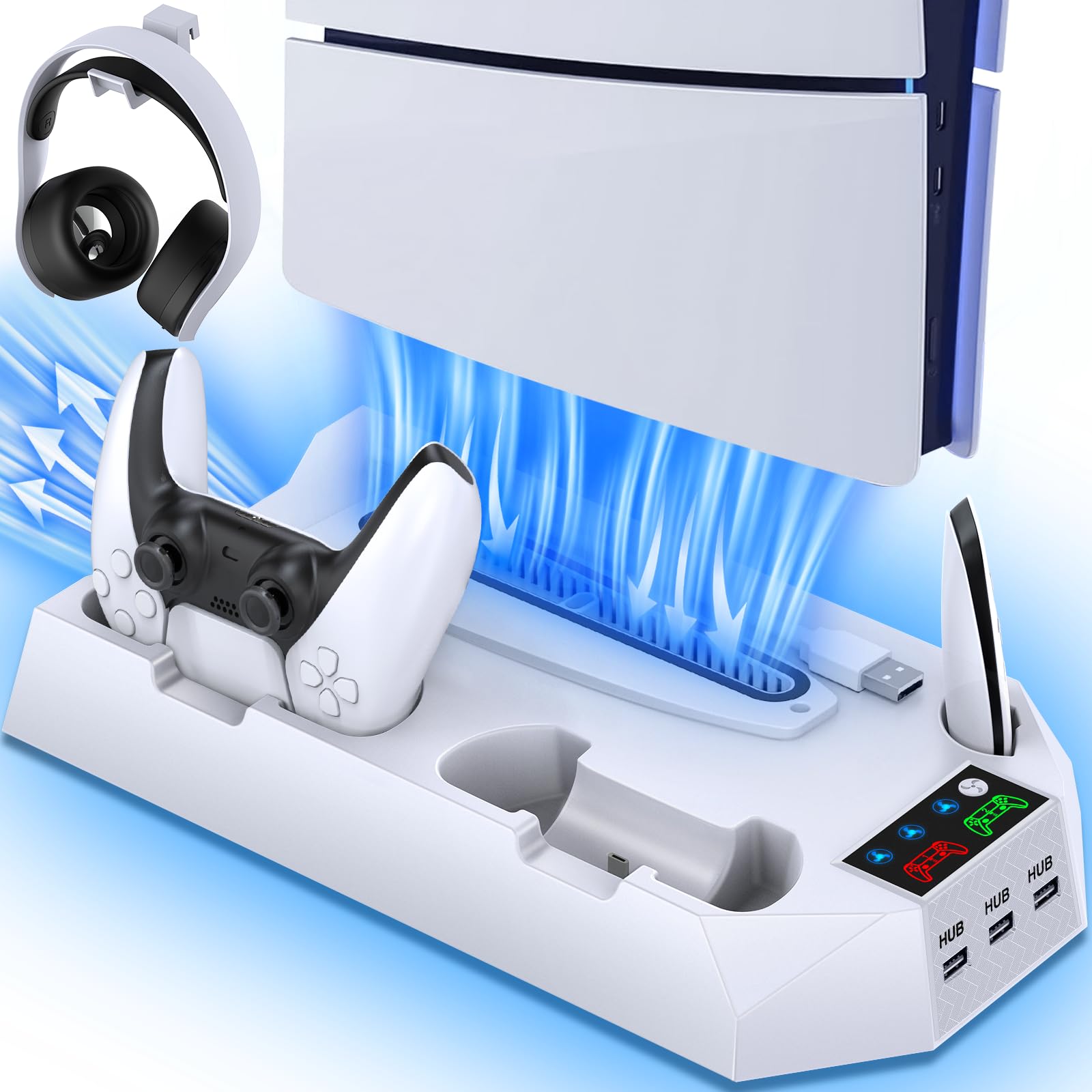 PS5 Slim Stand and Cooling Station with Controller Charging Station for Playsation 5 Slim&amp;Standard Disc/Digital Console, PS5 Accessories Incl. Controller Charger/Turbo Fan/3 USB Hub/Headset Holder