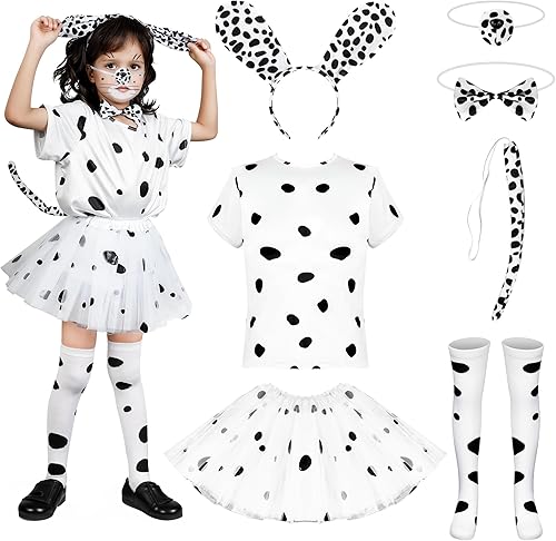 QZYL Disfraz de Dálmata de Halloween, trajes de cosplay de cachorro manchado, camiseta tutú con diadema, cola y nariz, corbatín y calcetines para
