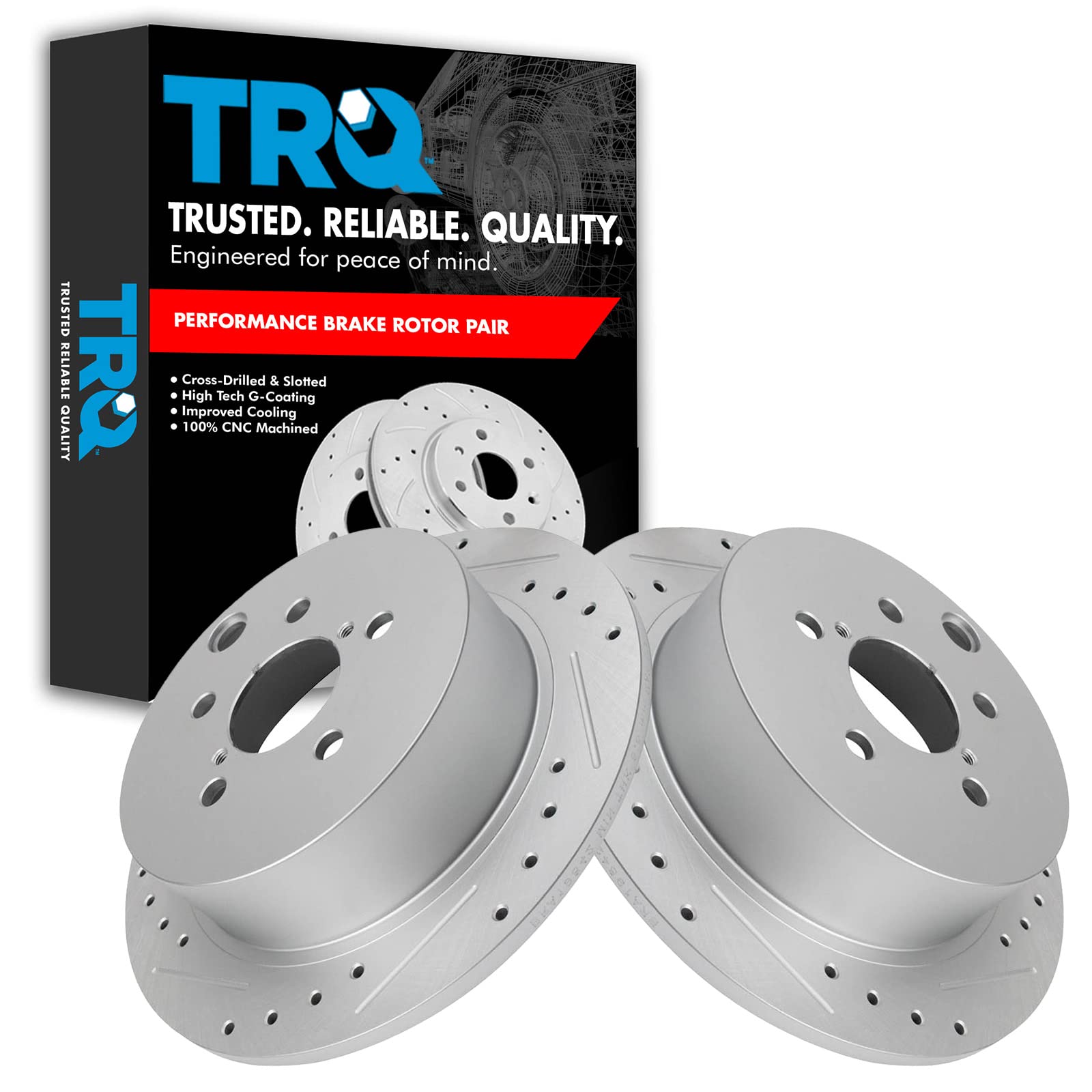 TRQ Rear Brake Rotor Set G Coated Drilled and Slotted Solid Compatible with 2014-2018 Subaru Forester 2012-2023 Impreza 2013-2015 XV Crosstrek 2016-