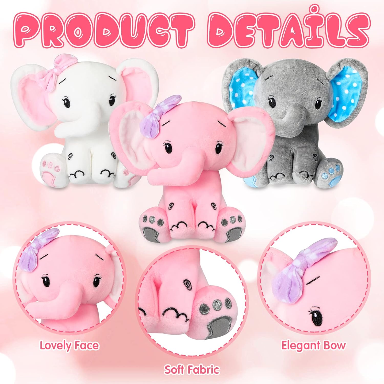 6 Pcs Elephant Stuffed Animals 6 Inch Big Ear Stuffed Elephant Animal Plush Toy Gift for Baby Shower Boys Girls Woodland Nursery Bed Decoration Birthday Party Supplies(Multicolor)