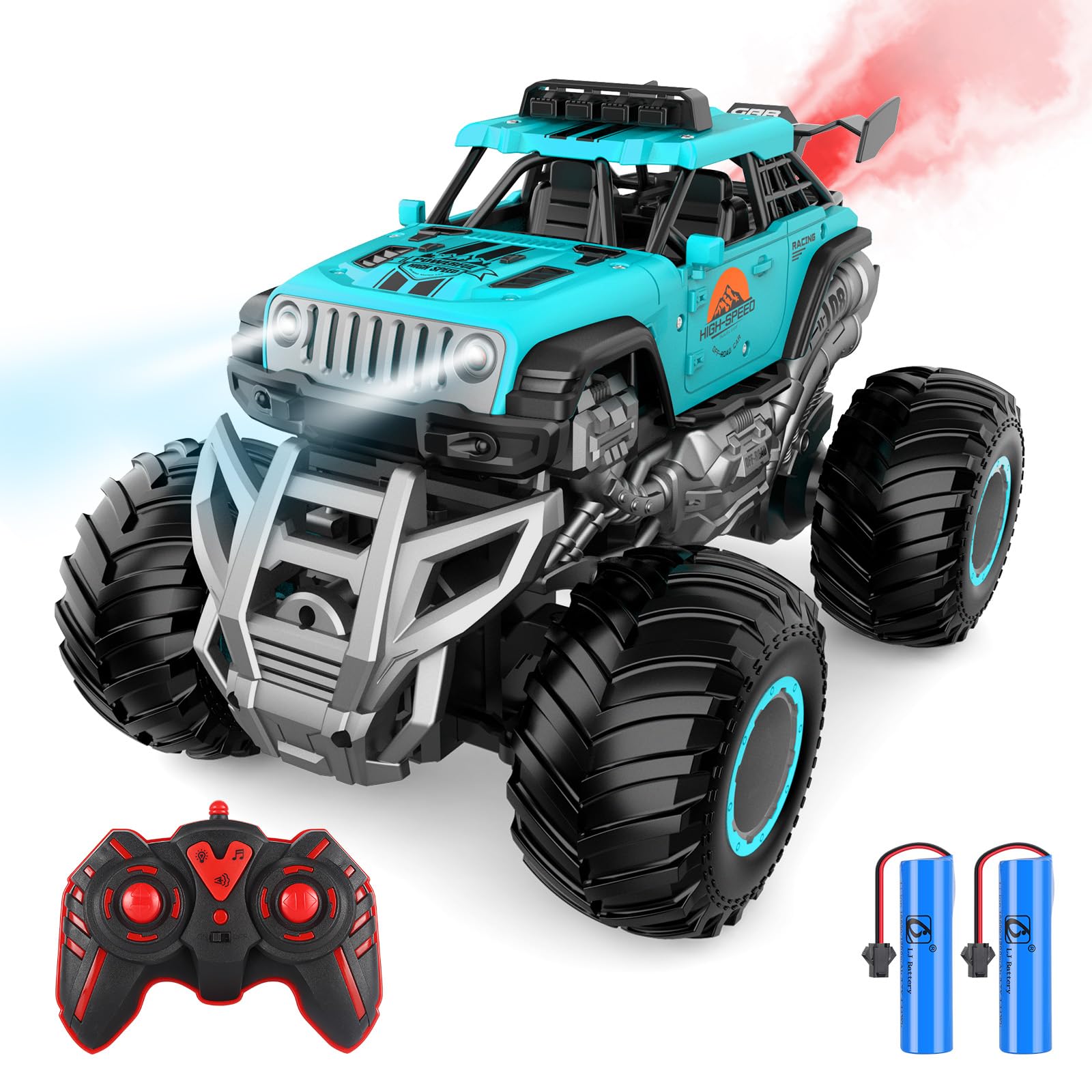 Remote Control Monster Truck, 2.4GHz All Terrain RC Cars, Remote Control Monster Car with 2 Batteries, Spray RC Truck for Boys 4-7 8-12 and Girls