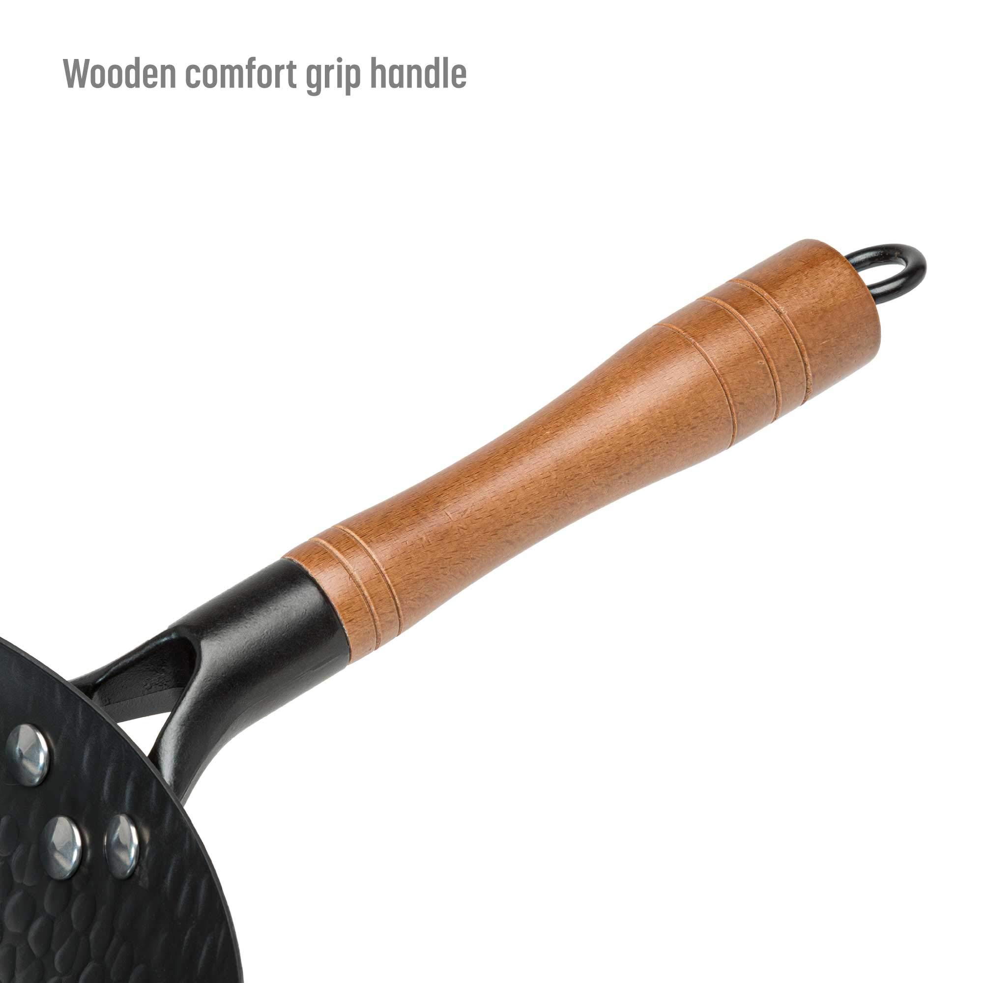 Goodful Carbon Steel Wok, Hammered Pow Wok with Wooden Lid, 13", Black