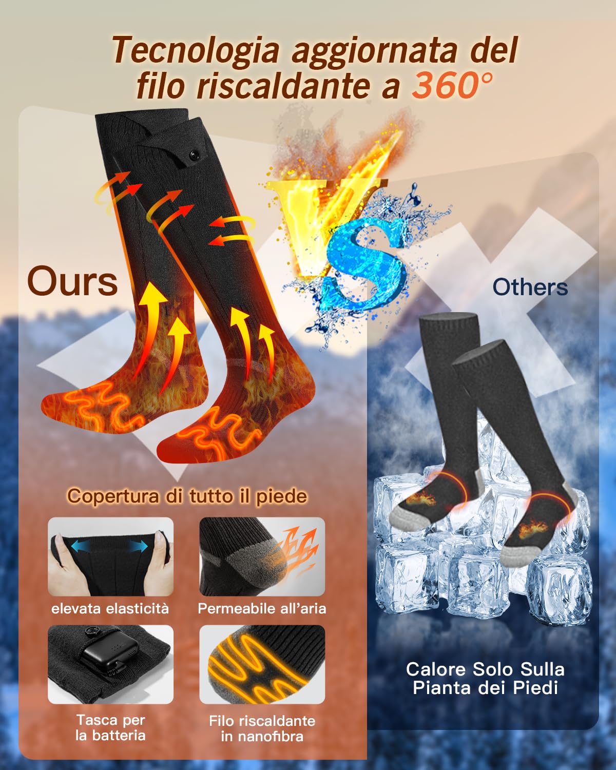 2026 Calze Riscaldate Aggiornati, Totale 10,000 mAh 5V Calze Riscaldanti Ricaricabili, 3 Impostazioni di Calore & Riscaldamento a 360 ° Calzini Riscaldati Lavabili per Sci Caccia, Nero-M