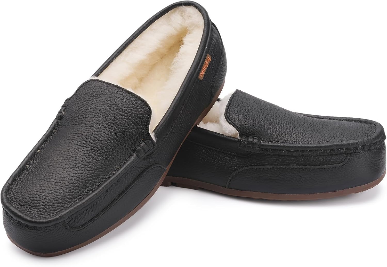 Parfeying Men’s Indoor Outdoor Sheepskin Moccasins Slippers Memory Foam Driving Style Shoes